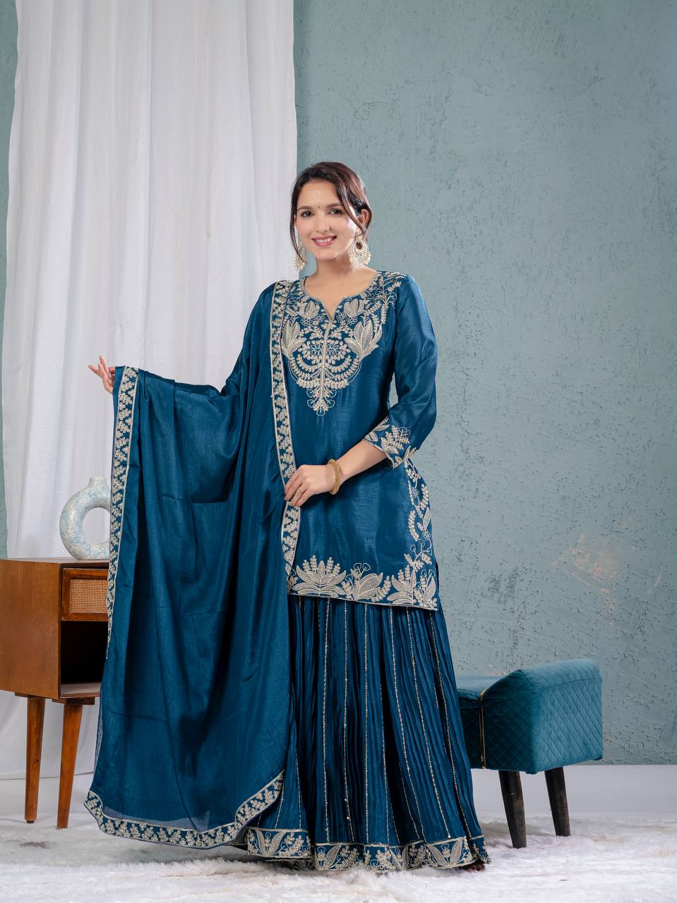 Teeya Creation Blue Color Chinnon Silk Embroidery Work Fully Stitched Salwar Suit