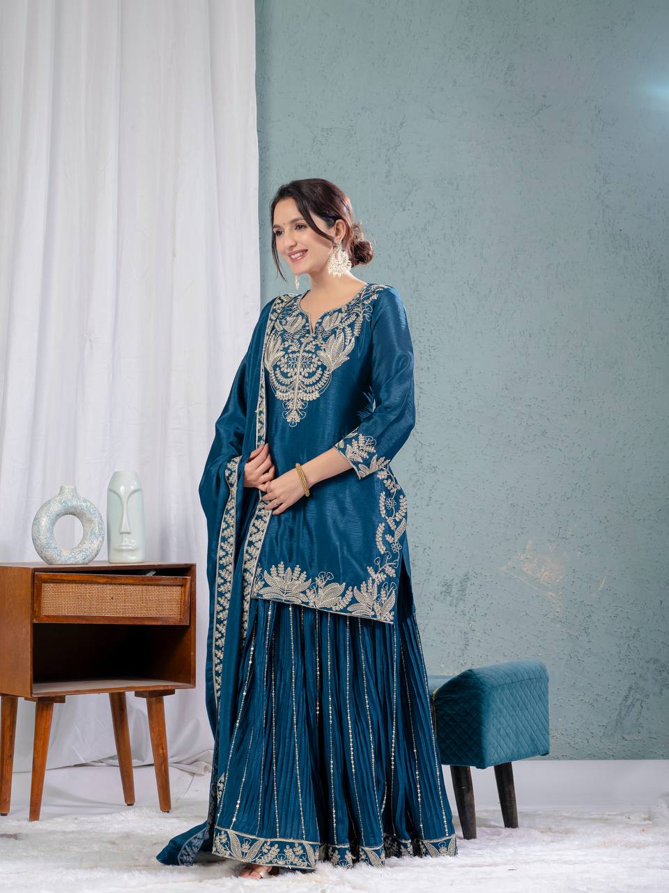 Teeya Creation Blue Color Chinnon Silk Embroidery Work Fully Stitched Salwar Suit
