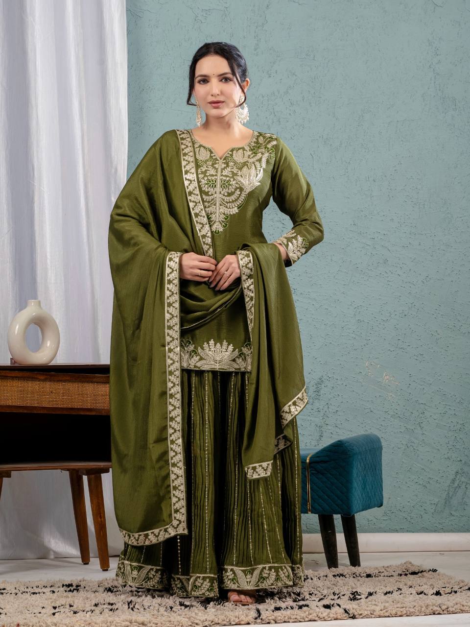 Teeya Creation Mehendi Color Chinnon Silk Embroidery Work Fully Stitched Salwar Suit