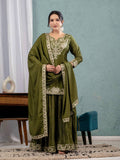 Teeya Creation Mehendi Color Chinnon Silk Embroidery Work Fully Stitched Salwar Suit