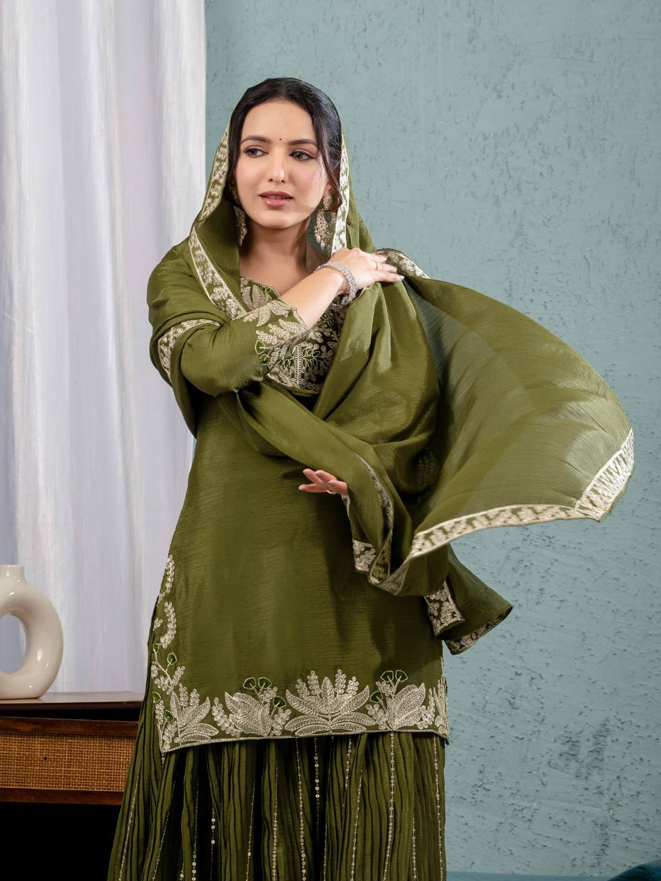 Teeya Creation Mehendi Color Chinnon Silk Embroidery Work Fully Stitched Salwar Suit