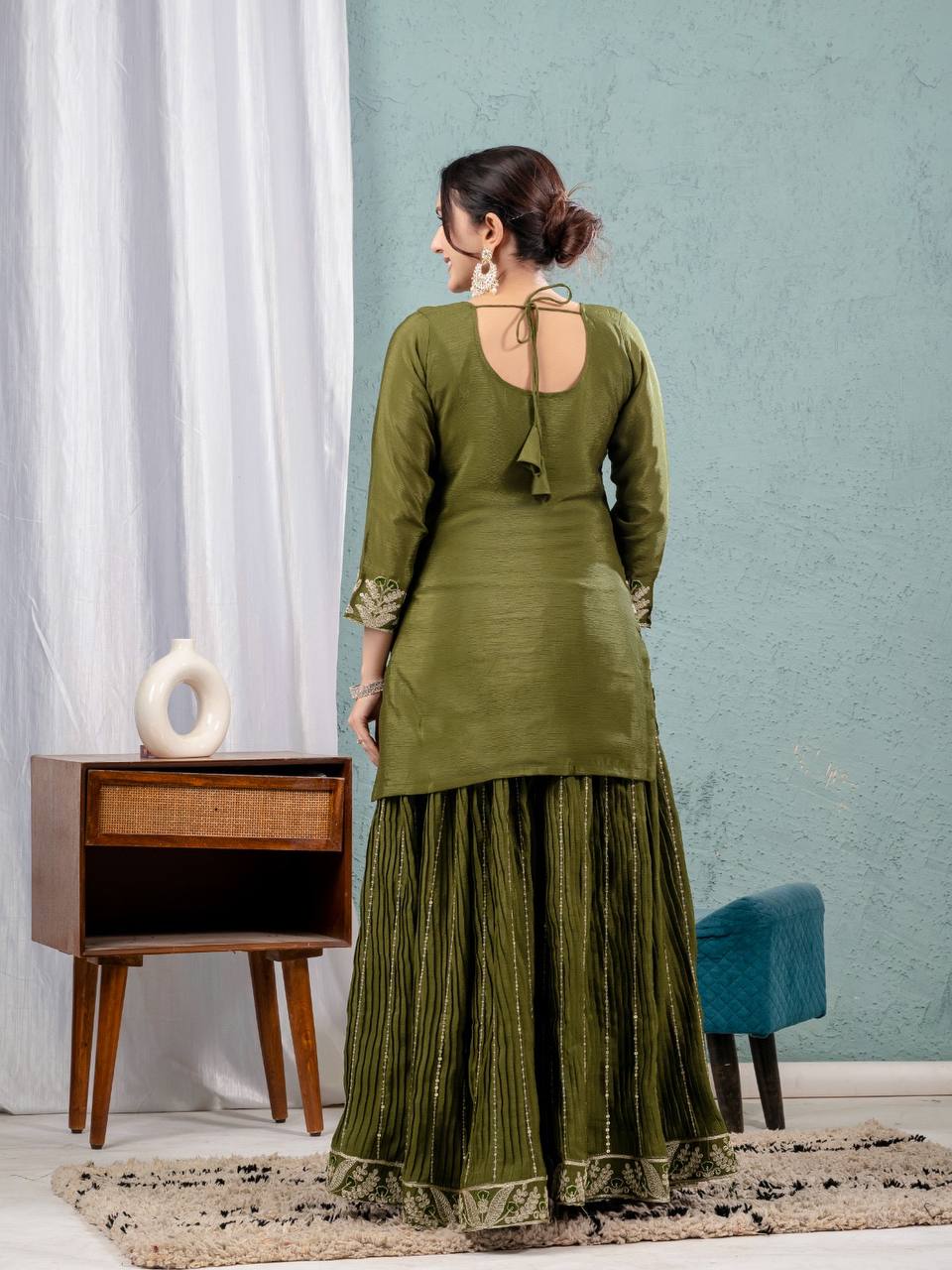 Teeya Creation Mehendi Color Chinnon Silk Embroidery Work Fully Stitched Salwar Suit