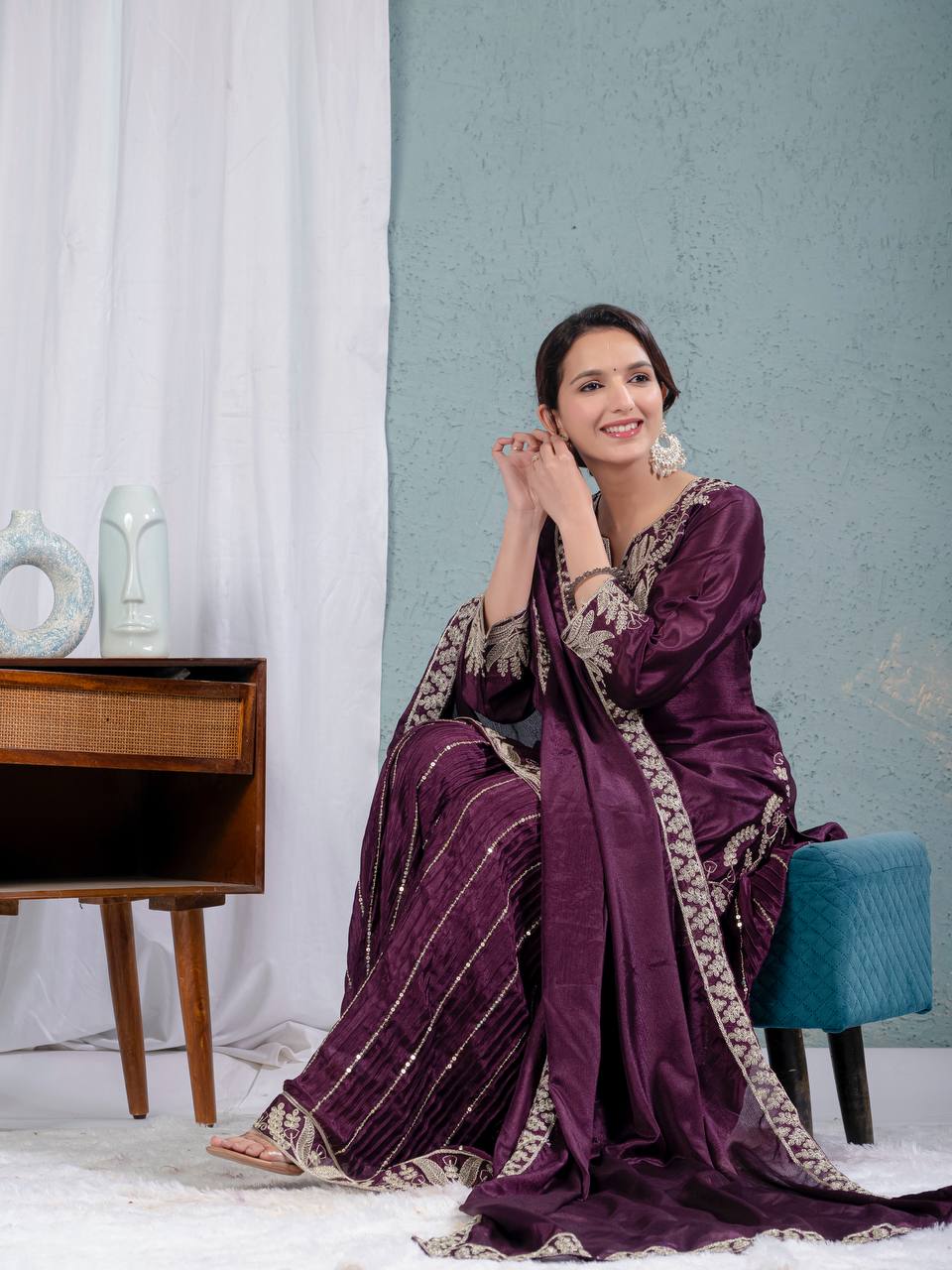 Teeya Creation Violet Color Chinnon Silk Embroidery Work Fully Stitched Salwar Suit