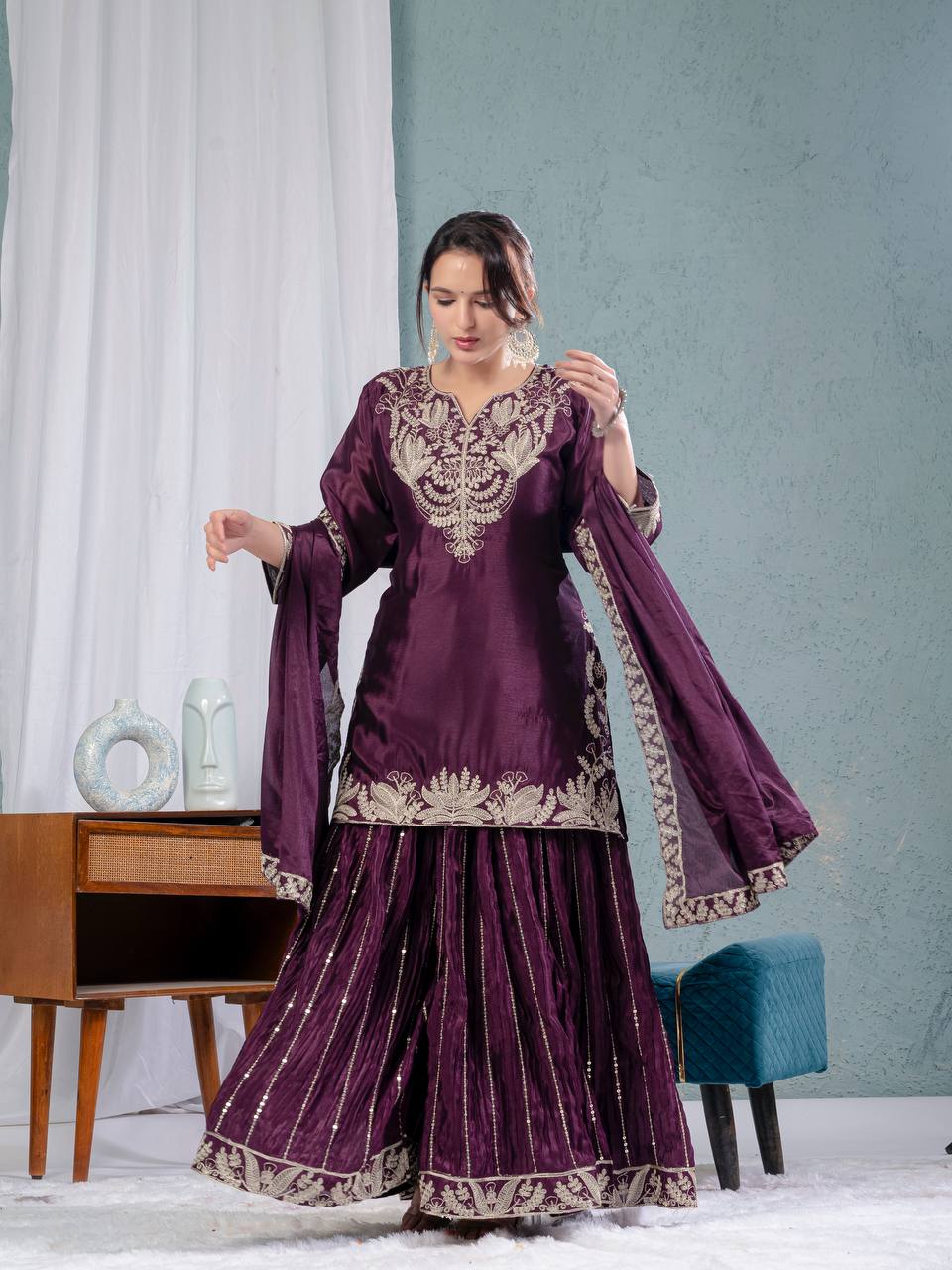 Teeya Creation Violet Color Chinnon Silk Embroidery Work Fully Stitched Salwar Suit