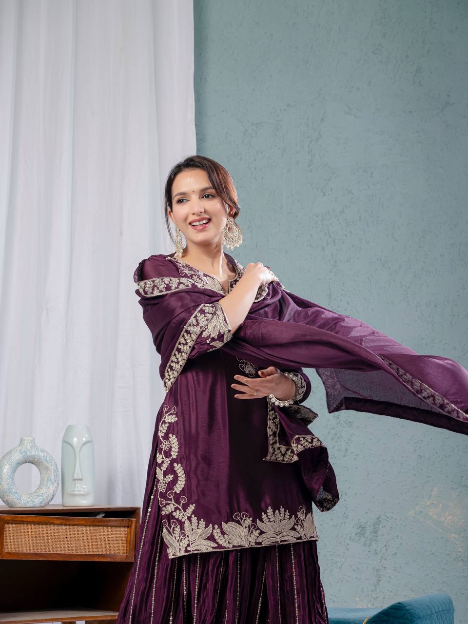 Teeya Creation Violet Color Chinnon Silk Embroidery Work Fully Stitched Salwar Suit