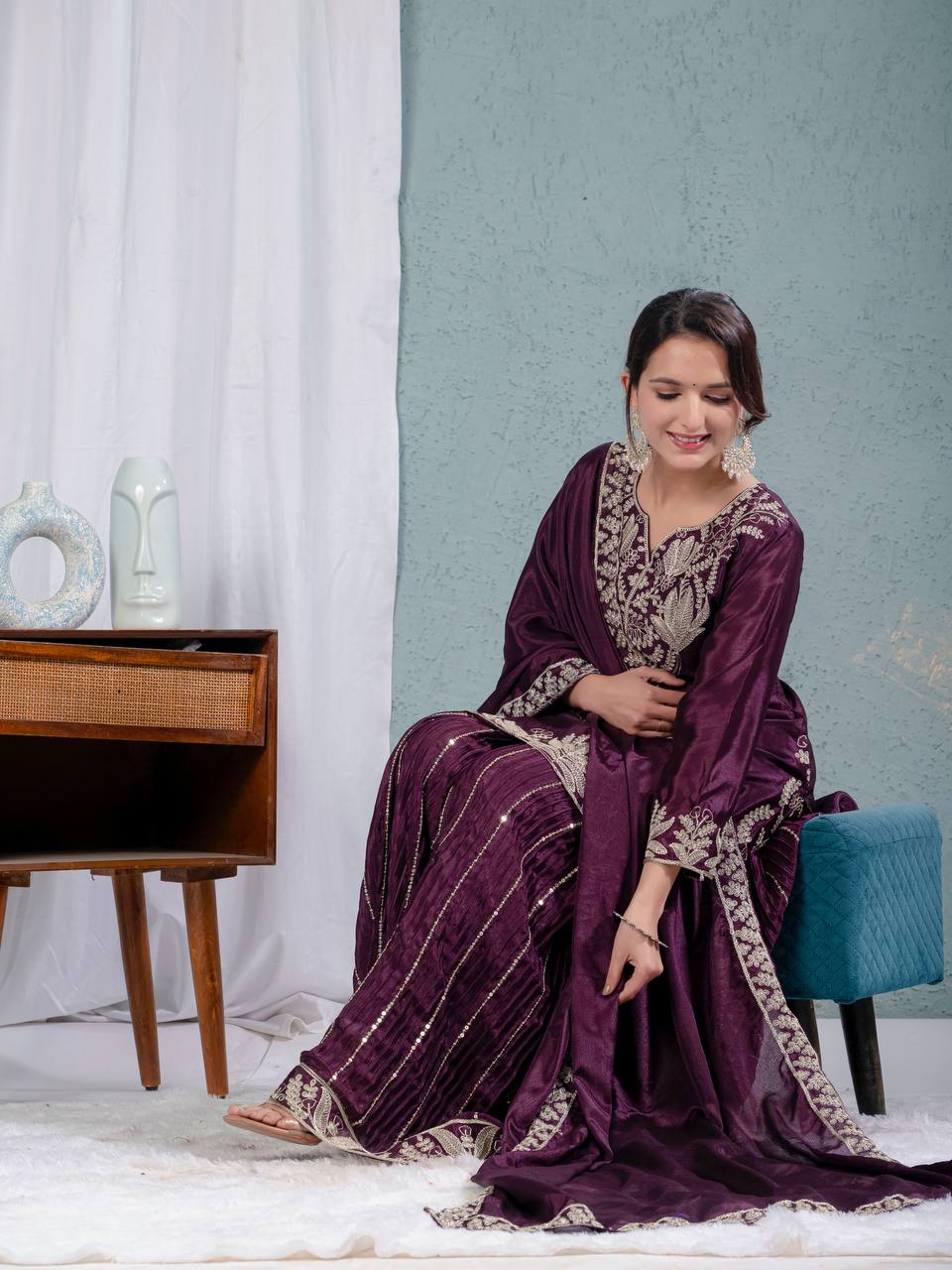 Teeya Creation Violet Color Chinnon Silk Embroidery Work Fully Stitched Salwar Suit