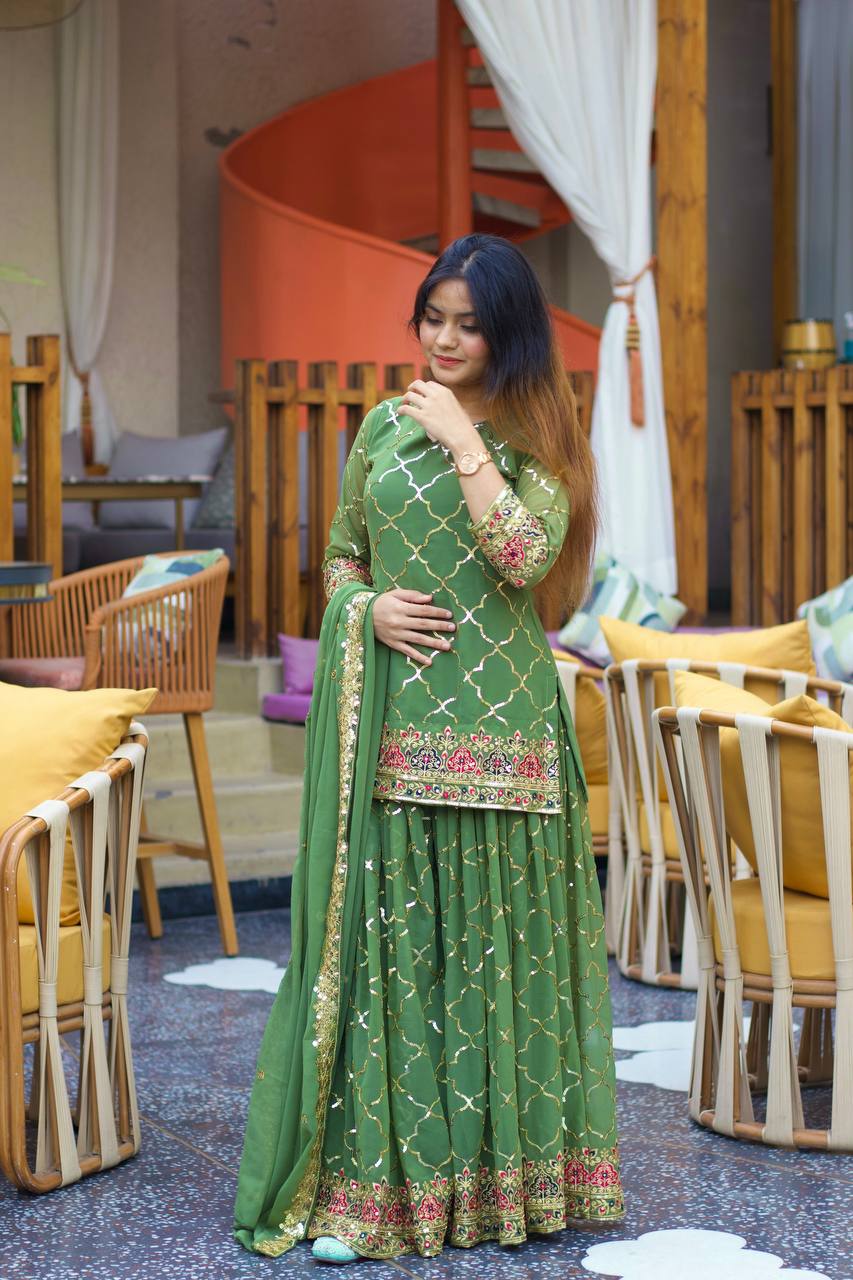 Teeya Creation Green Color Chinnon Silk Embroidery Work Fully Stitched Salwar Suit