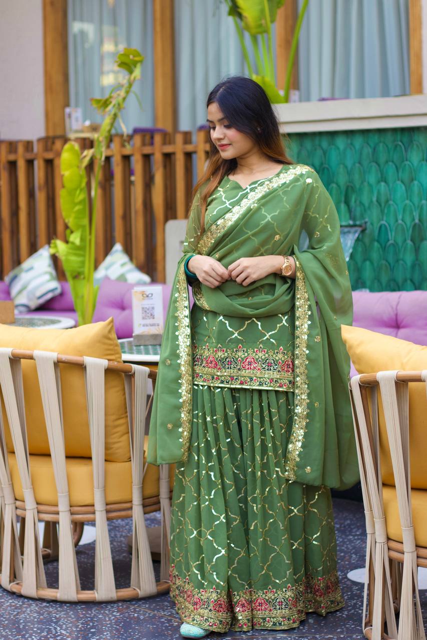 Teeya Creation Green Color Chinnon Silk Embroidery Work Fully Stitched Salwar Suit