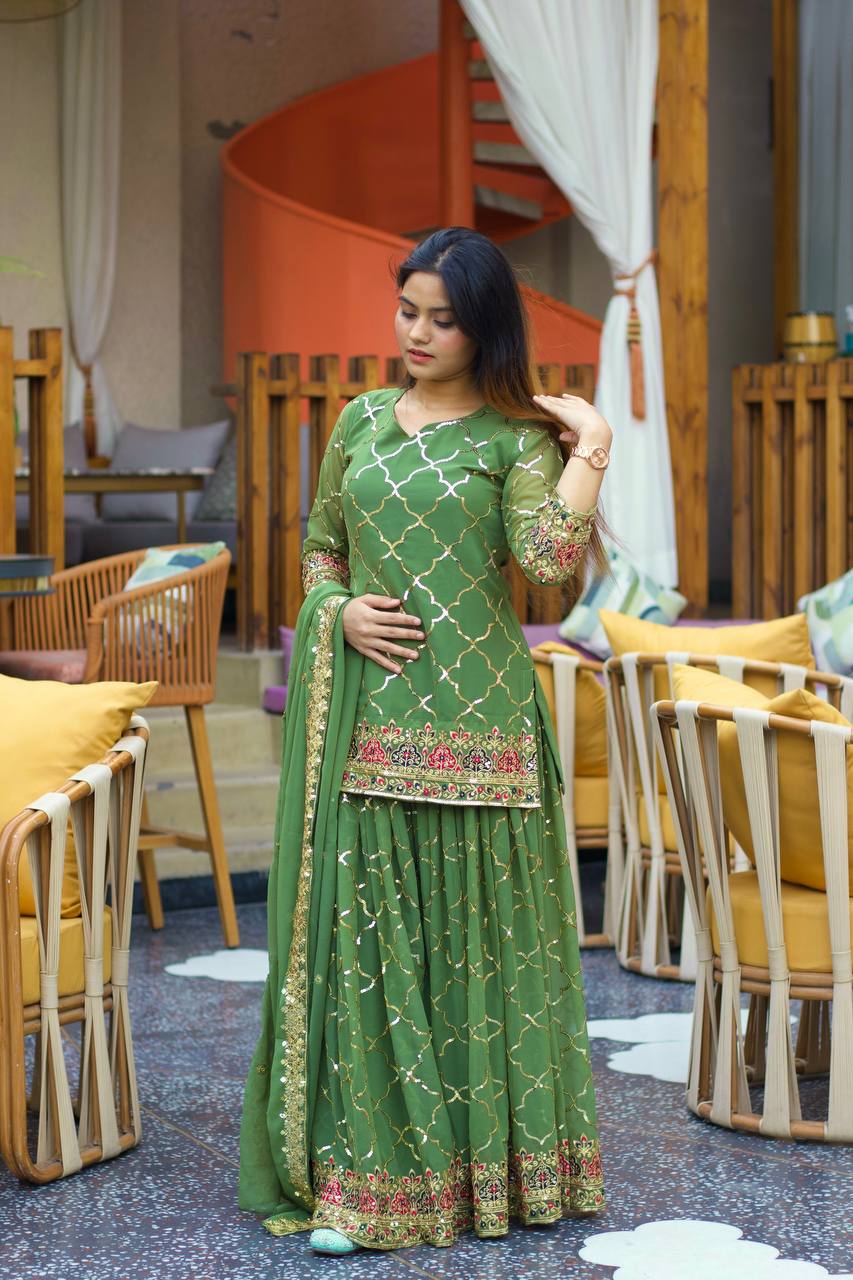 Teeya Creation Green Color Chinnon Silk Embroidery Work Fully Stitched Salwar Suit