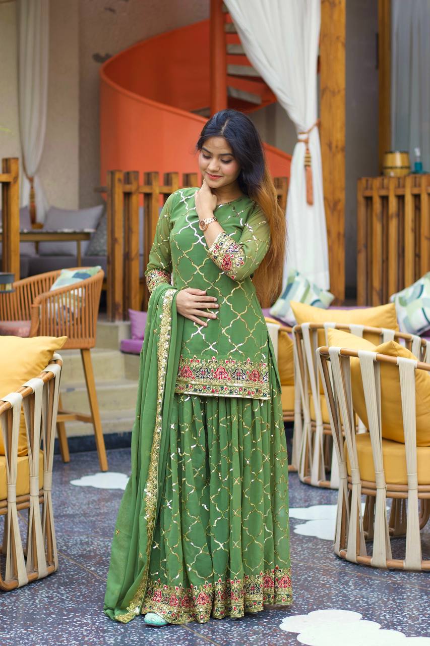 Teeya Creation Green Color Chinnon Silk Embroidery Work Fully Stitched Salwar Suit