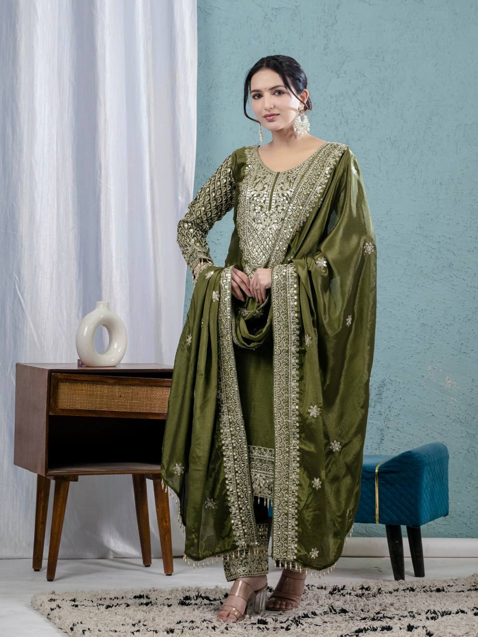 Teeya Creation Green Color Chinnon Silk Embroidery Work Fully Stitched Salwar Suit