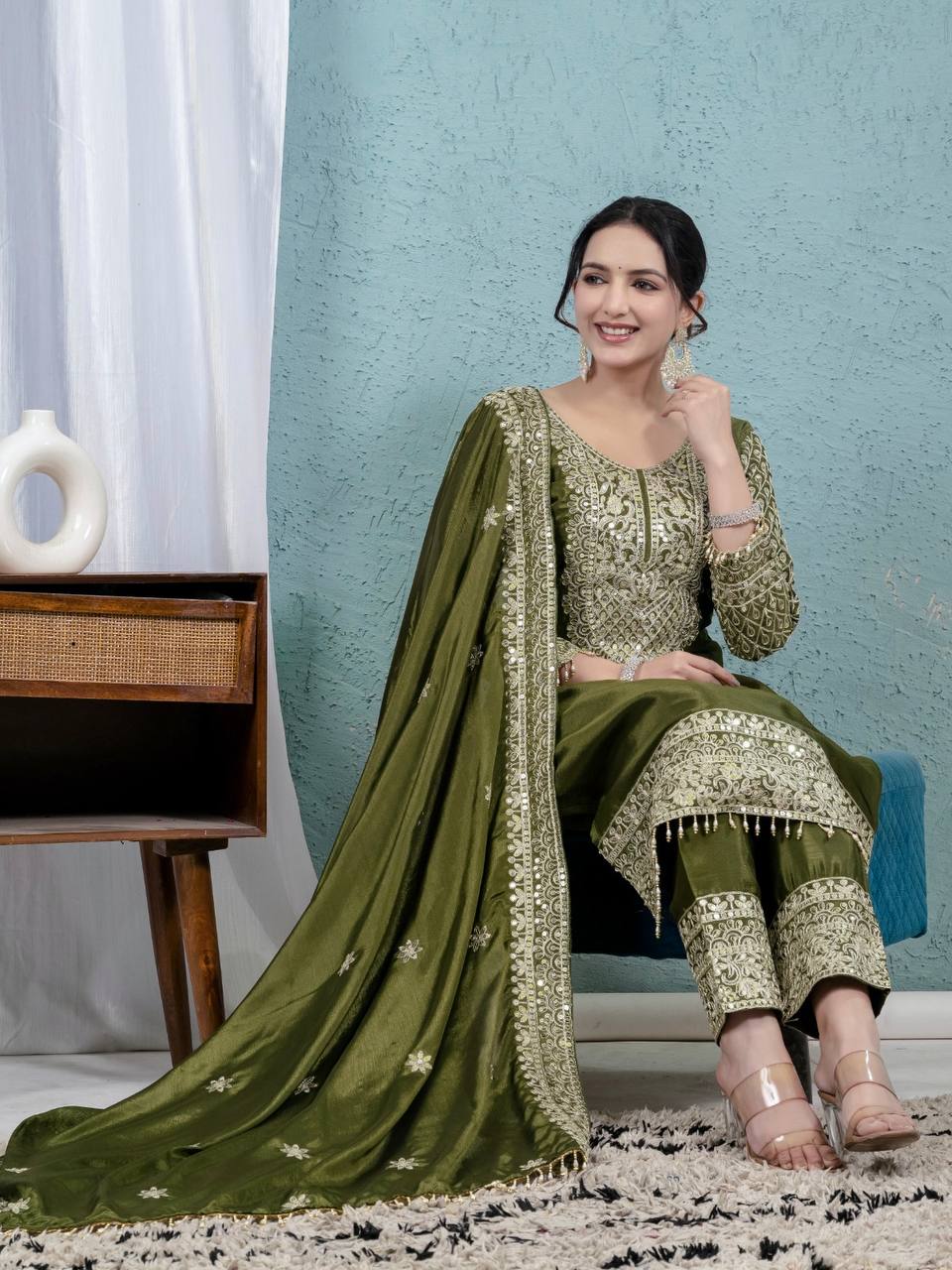 Teeya Creation Green Color Chinnon Silk Embroidery Work Fully Stitched Salwar Suit