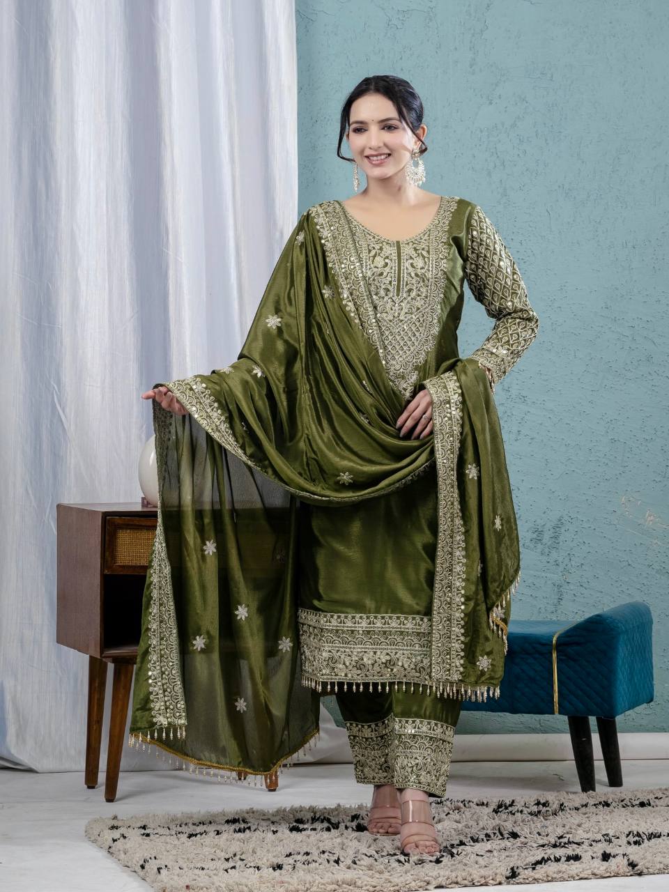 Teeya Creation Green Color Chinnon Silk Embroidery Work Fully Stitched Salwar Suit
