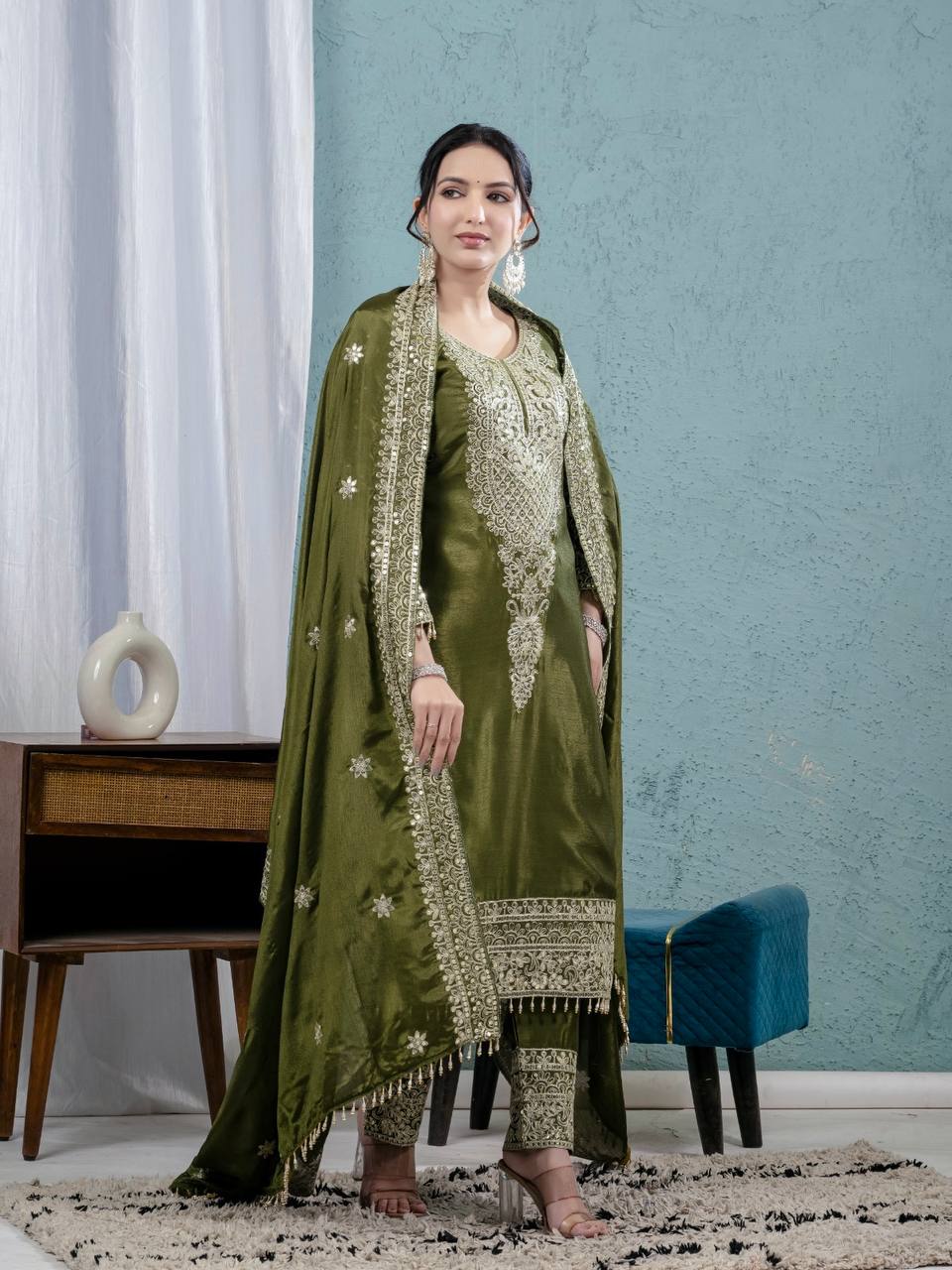 Teeya Creation Green Color Chinnon Silk Embroidery Work Fully Stitched Salwar Suit