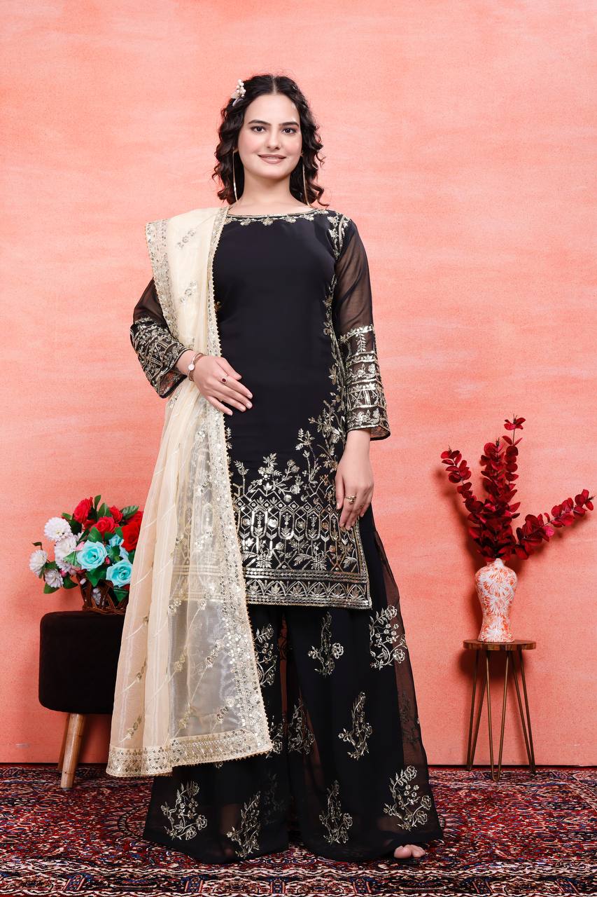 Teeya Creation Black Color Faux Georgette Embroidery Work Fully Stitched Salwar Suit