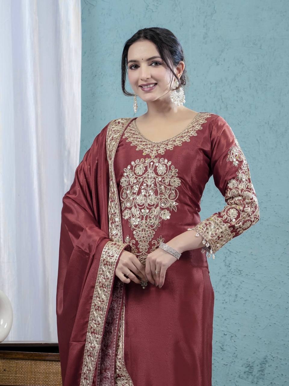 Teeya Creation Maroon Color Chinnon Silk Embroidery Work Fully Stitched Salwar Suit