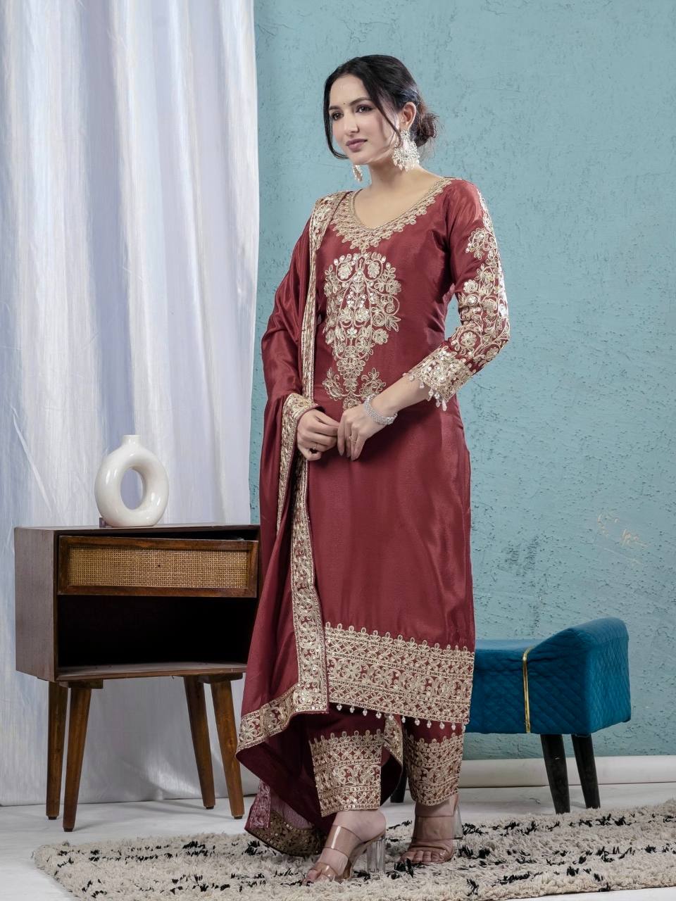 Teeya Creation Maroon Color Chinnon Silk Embroidery Work Fully Stitched Salwar Suit