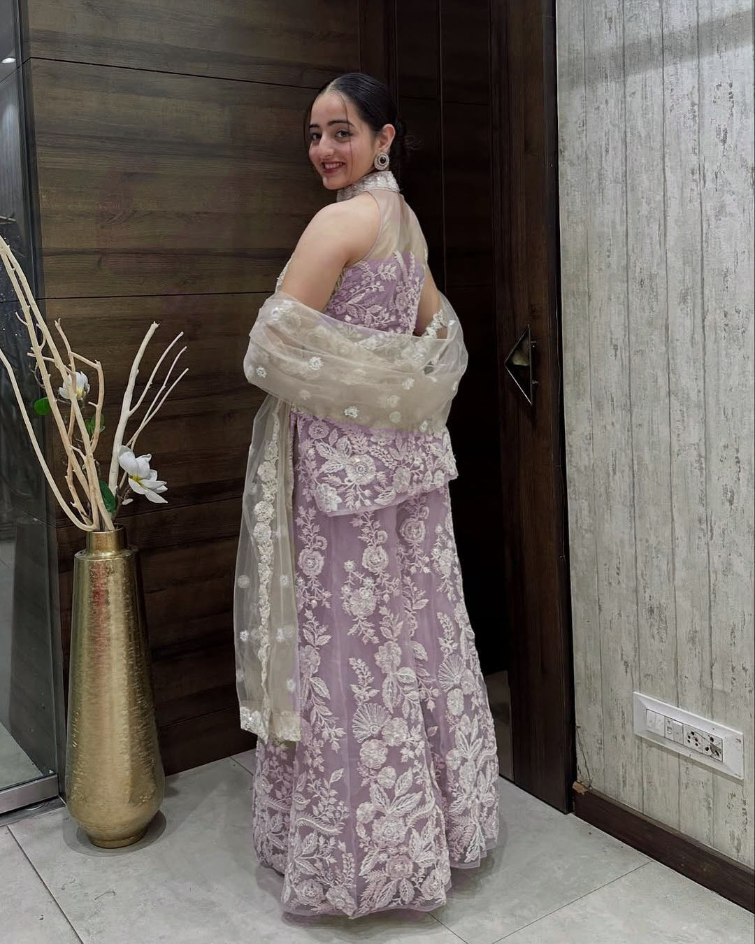 Teeya Creation Cream Colour Butterfly Net Embroidery Work Fully Stitched Pakistani Suit