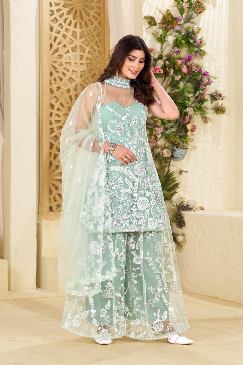 Teeya Creation Pista Colour Butterfly Net Embroidery Work Fully Stitched Pakistani Suit