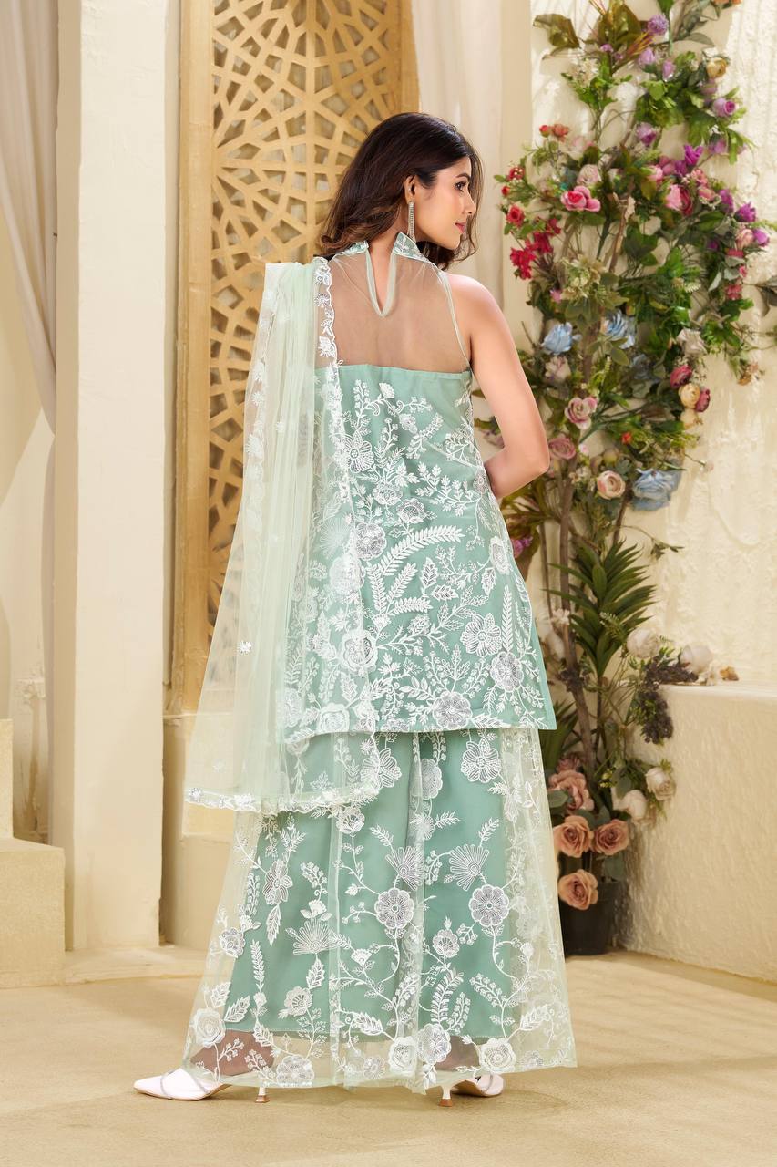 Teeya Creation Pista Colour Butterfly Net Embroidery Work Fully Stitched Pakistani Suit