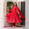 Teeya Creation Red Color Faux Georgette Heavy Embroidery And Sequence Work Anarkali With Pants And Dupatta