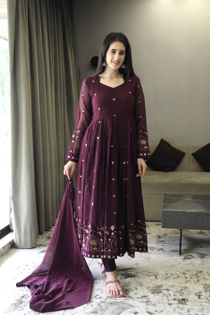 Teeya Creation Wine Color Faux Georgette Heavy Embroidery And Sequence Work Anarkali With Pants And Dupatta