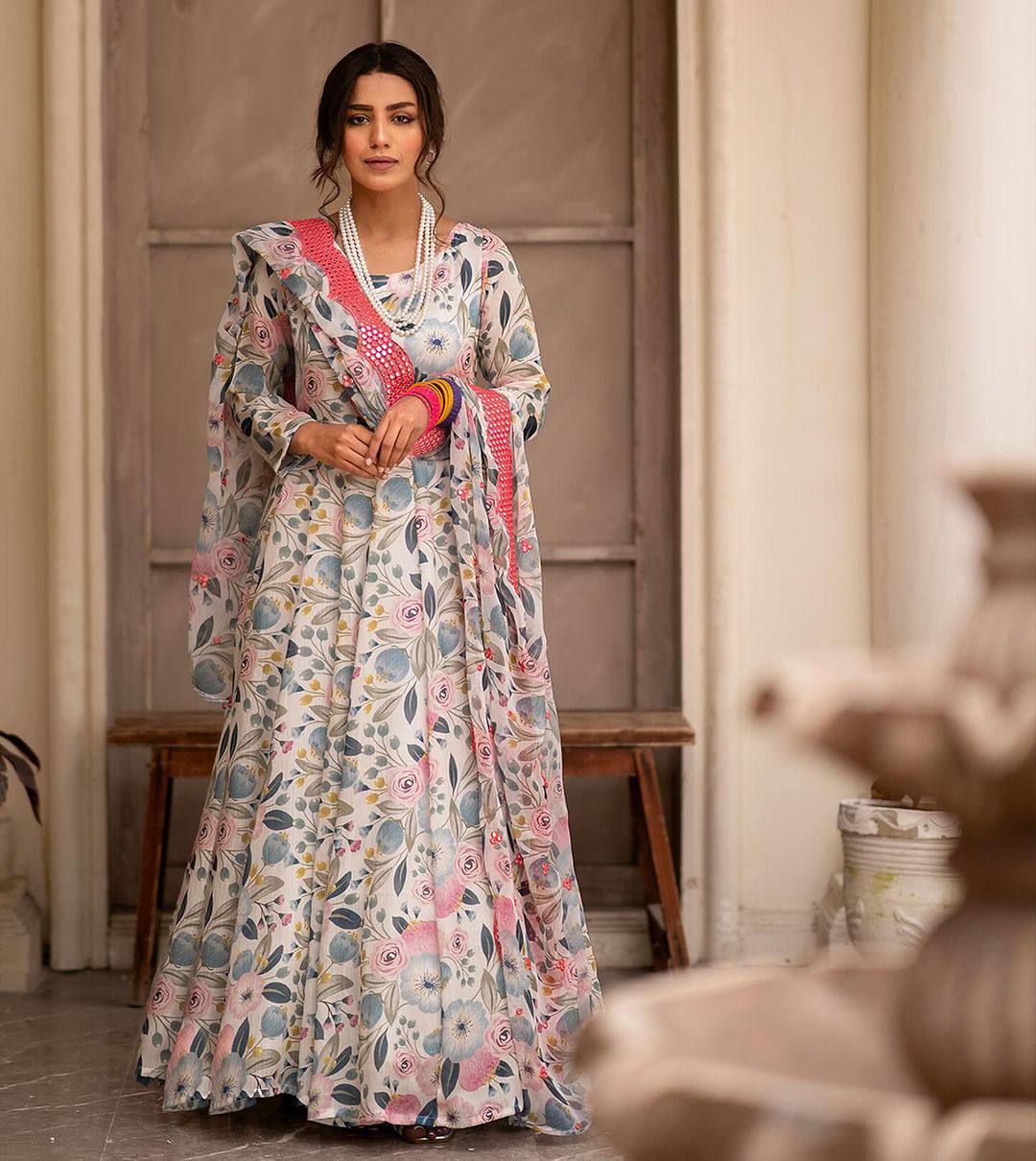 Teeya Creation Multicolor Chinon Silk Digital Print With Sequence Work Anarkali With Pants And Dupatta