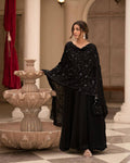 Teeya Creation Black Color Roman Cotton Embroidery And Sequence Work Anarkali With Pants And Dupatta