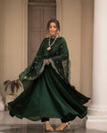Teeya Creation Green Color Roman Cotton Embroidery And Sequence Work Anarkali With Pants And Dupatta