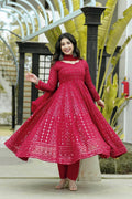 Teeya Creation Maroon Color Georgette Heavy Embroidery And Sequence Work Anarkali With Pants And Dupatta