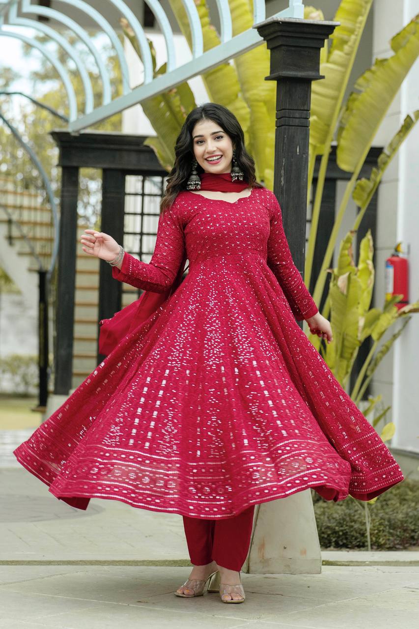 Teeya Creation Maroon Color Georgette Heavy Embroidery And Sequence Work Anarkali With Pants And Dupatta