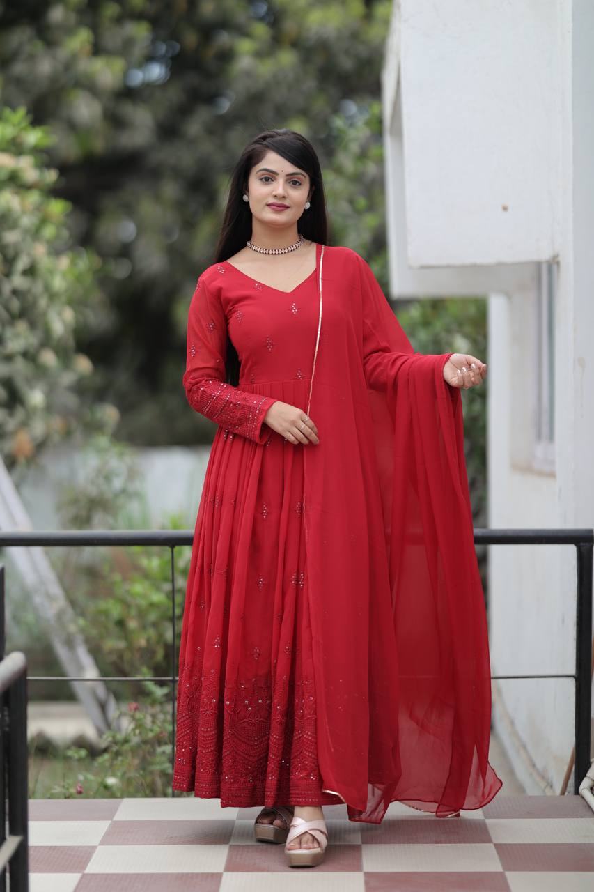 Teeya Creation Maroon Color Georgette Heavy Embroidery And Sequence Work Anarkali With Pants And Dupatta