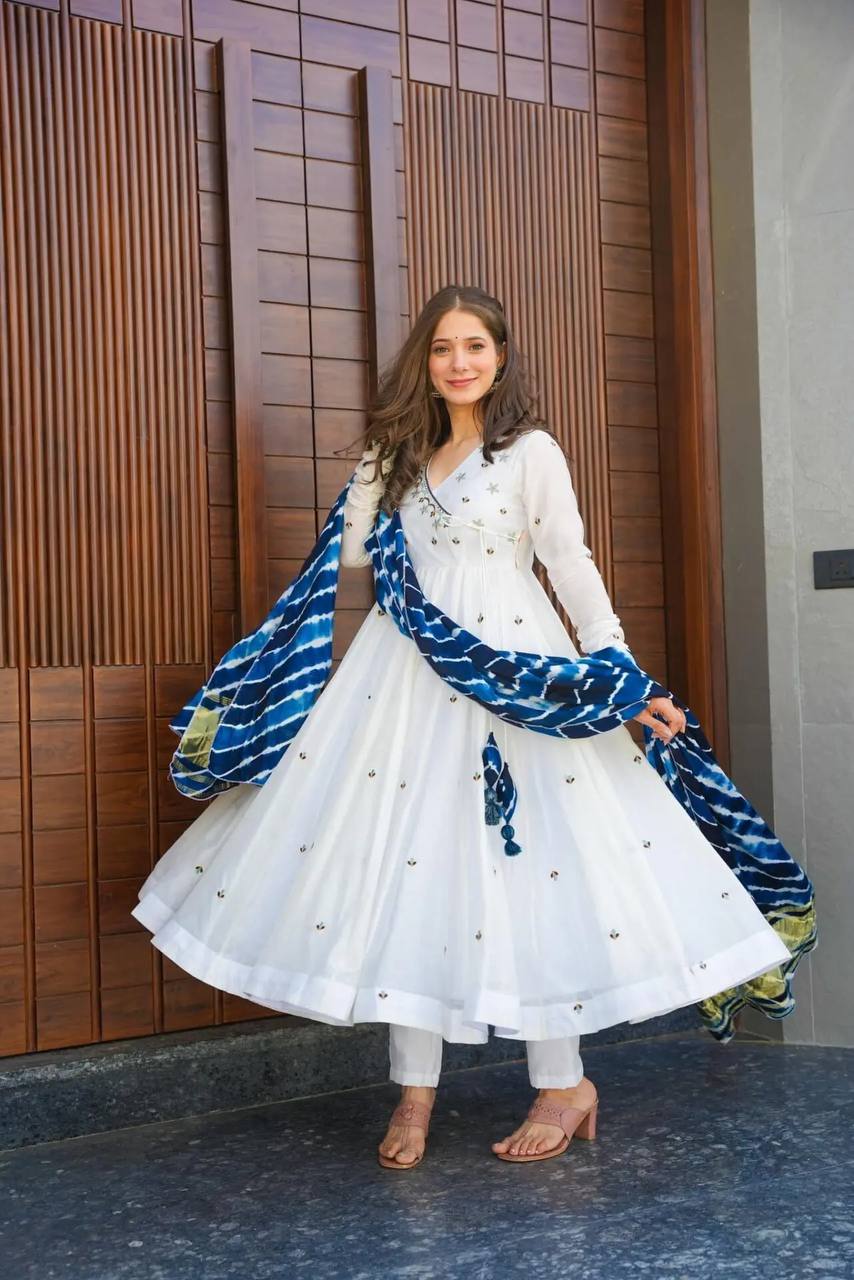 Teeya Creation White Color Roman Cotton Embroidery And Sequence Work Anarkali With Pants And Dupatta
