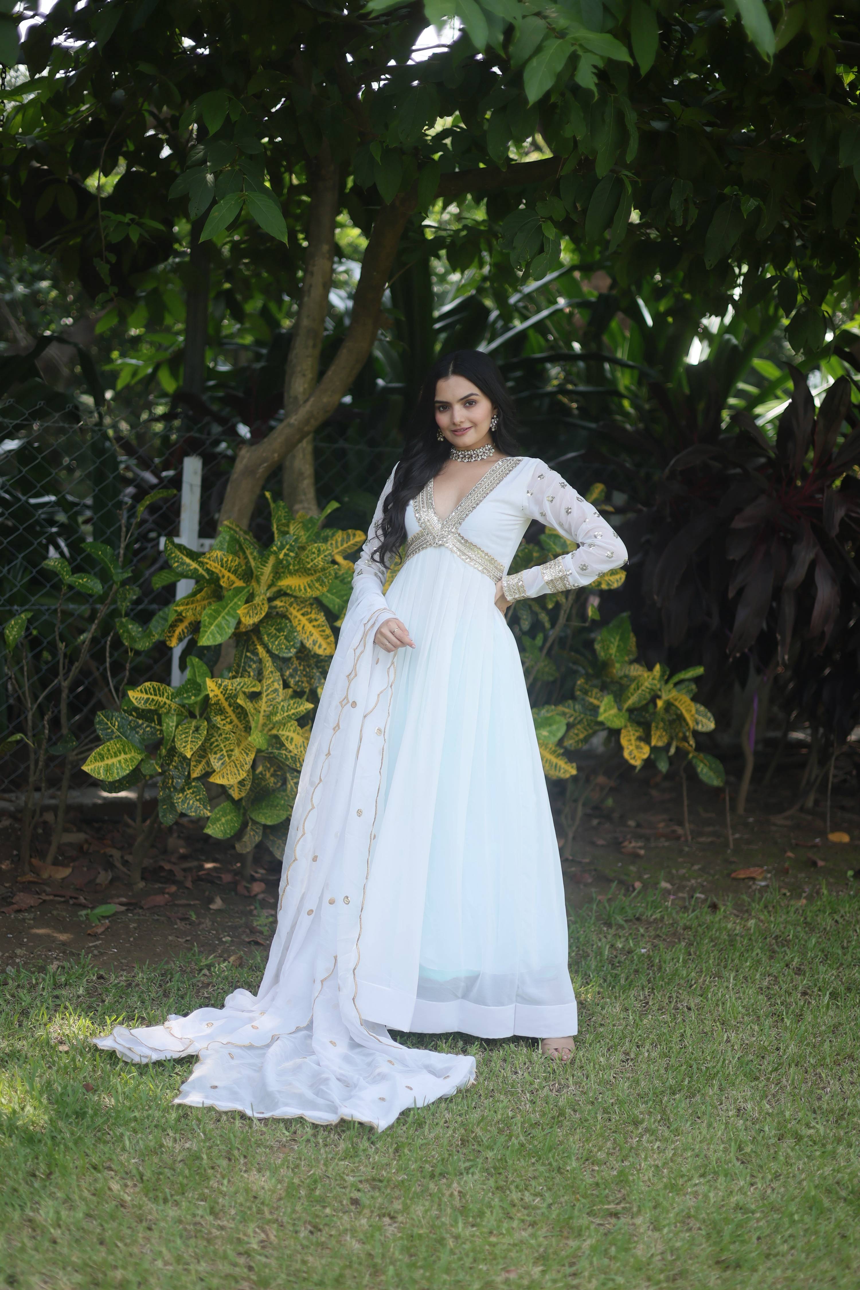 Teeya Creation White Color Faux Georgette Embroidery Work Fully Stitched Long Gown