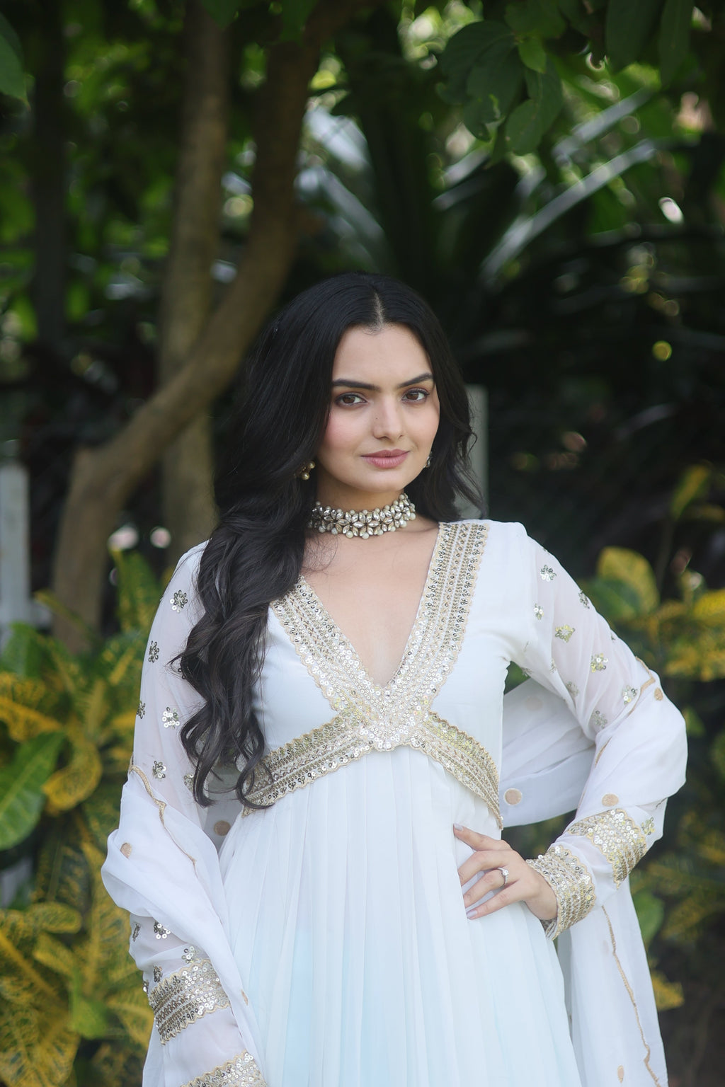 Teeya Creation White Color Faux Georgette Embroidery Work Fully Stitched Long Gown