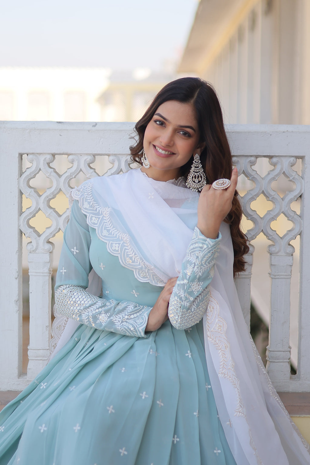 Teeya Creation Sky Blue Color Faux Georgette Embroidery And Sequence Work Fully Stitched Anarkali Gown