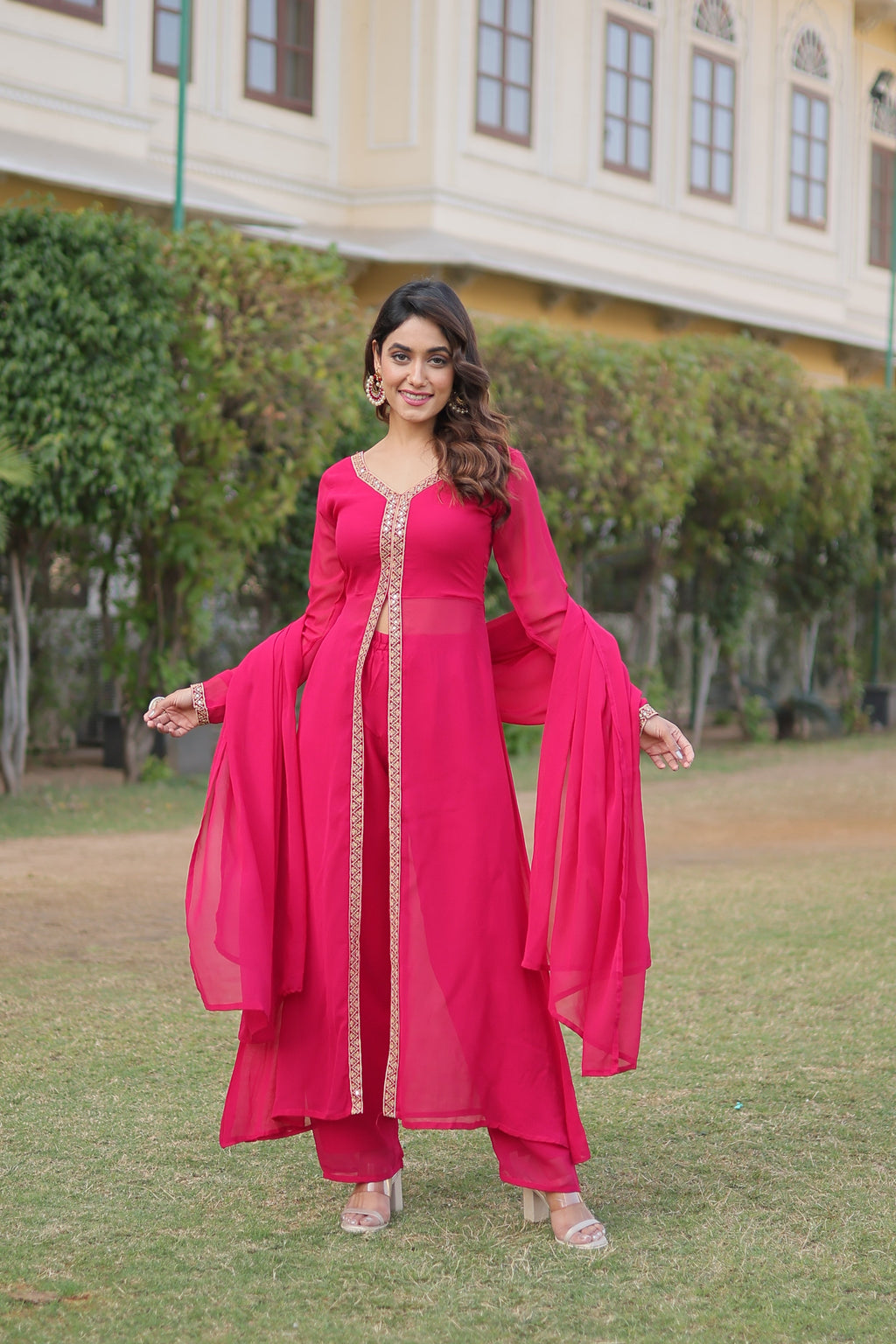 Teeya Creation Pink Color Faux Georgette Embroidery Work Fully Stitched Long Kurti