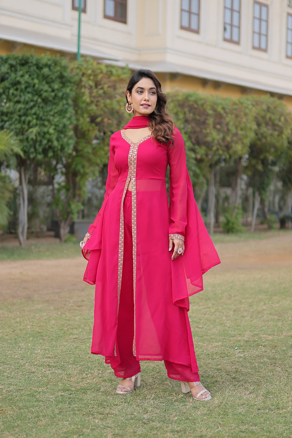 Teeya Creation Pink Color Faux Georgette Embroidery Work Fully Stitched Long Kurti