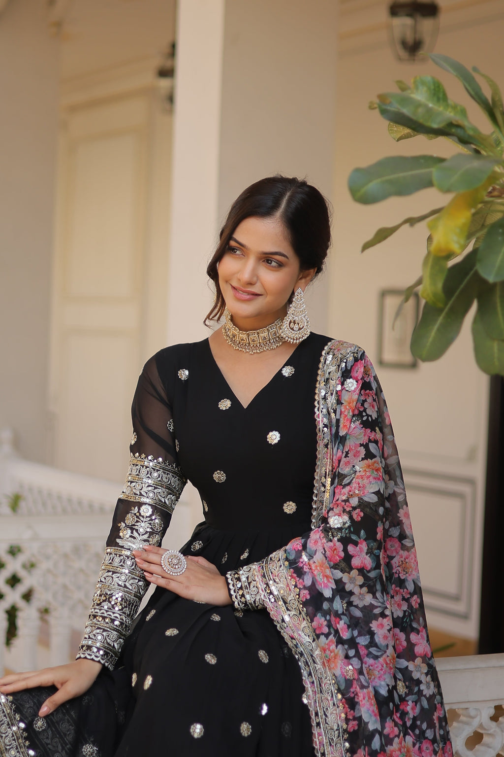 Teeya Creation Black Color Faux Georgette Embroidery And Sequence Work Fully Stitched Anarkali Gown