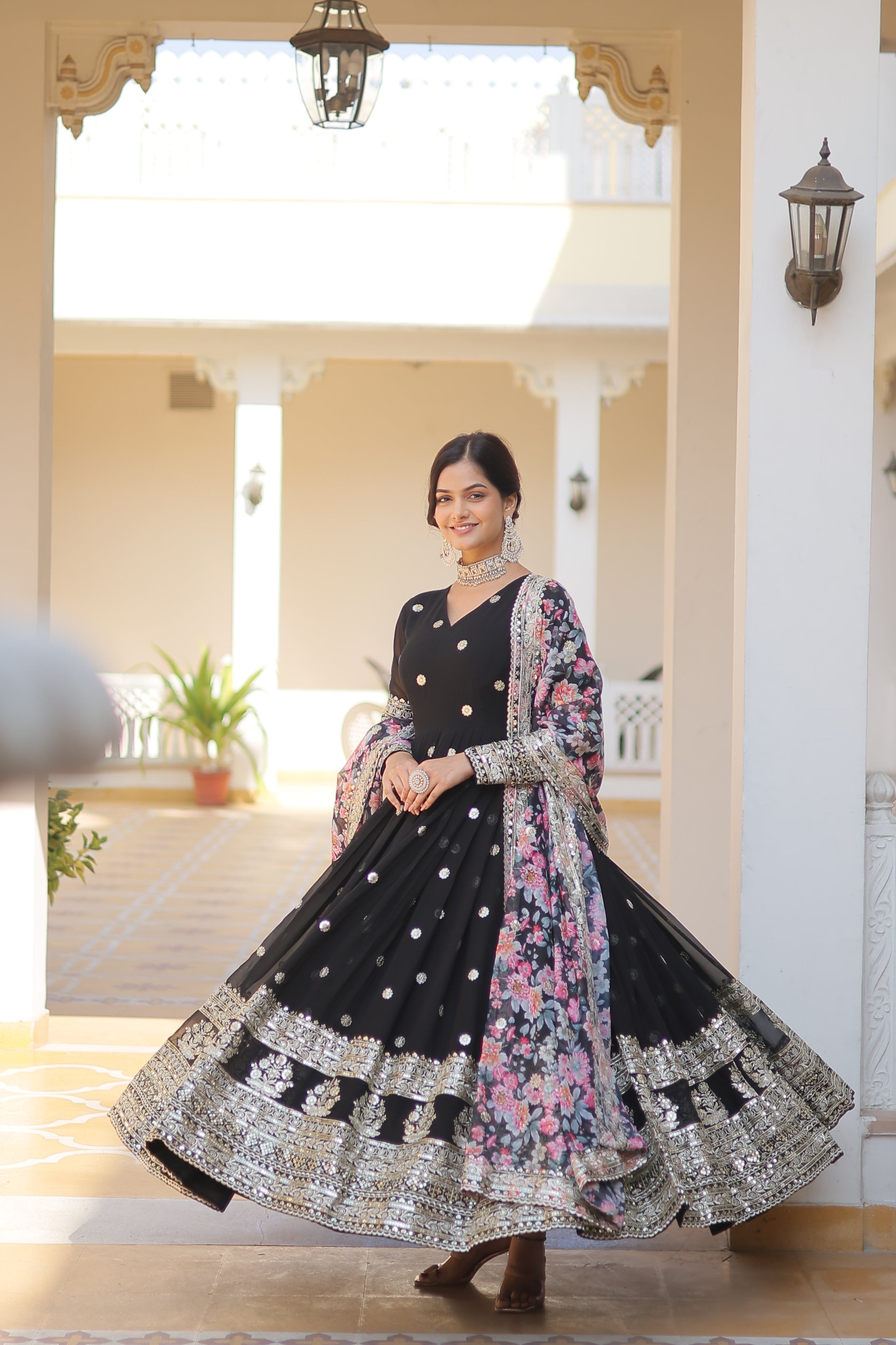Teeya Creation Black Color Faux Georgette Embroidery And Sequence Work Fully Stitched Anarkali Gown