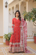 Teeya Creation Red Color Faux Georgette Embroidery And Sequence Work Fully Stitched Anarkali Gown