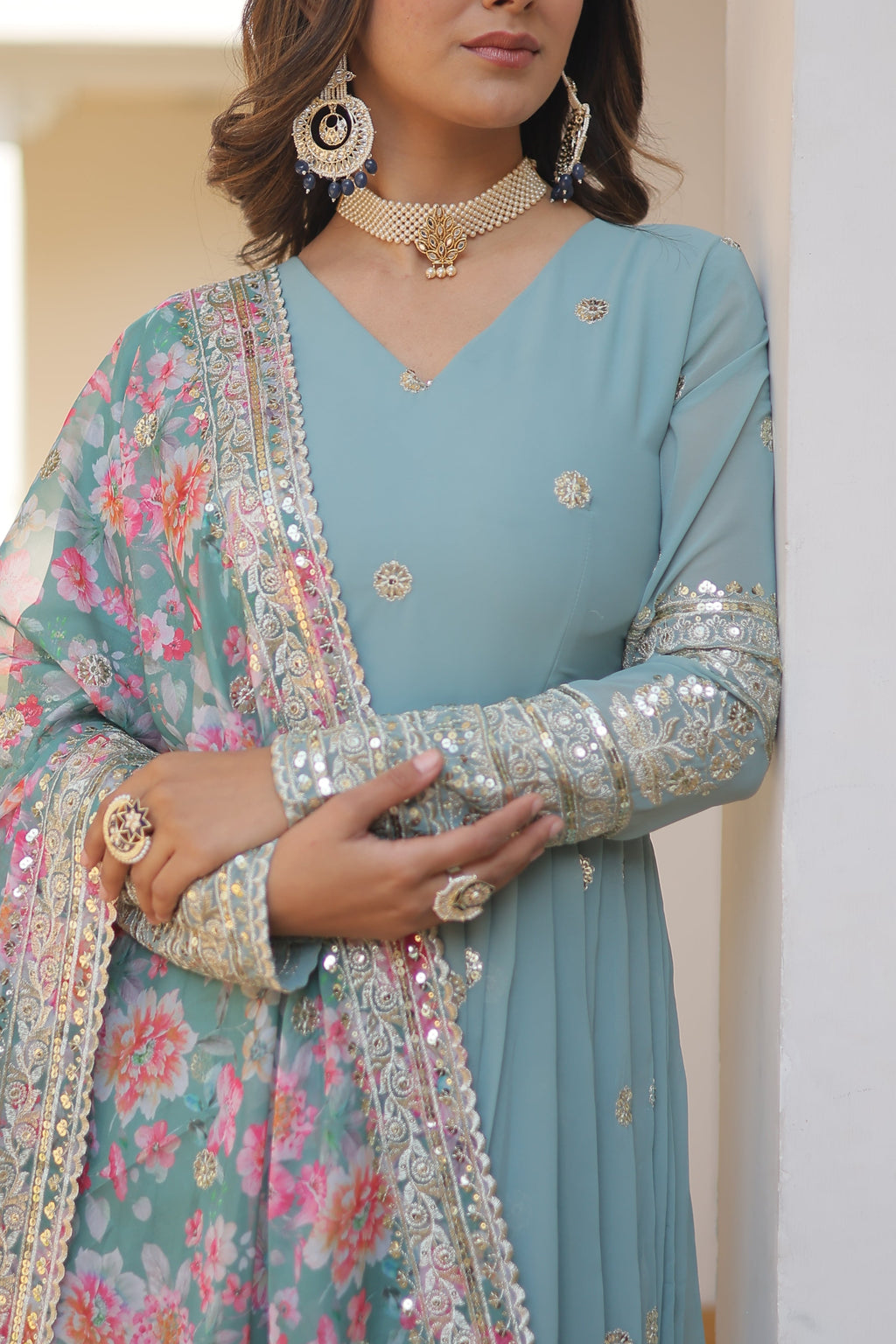 Teeya Creation Sky Color Faux Georgette Embroidery And Sequence Work Fully Stitched Anarkali Gown