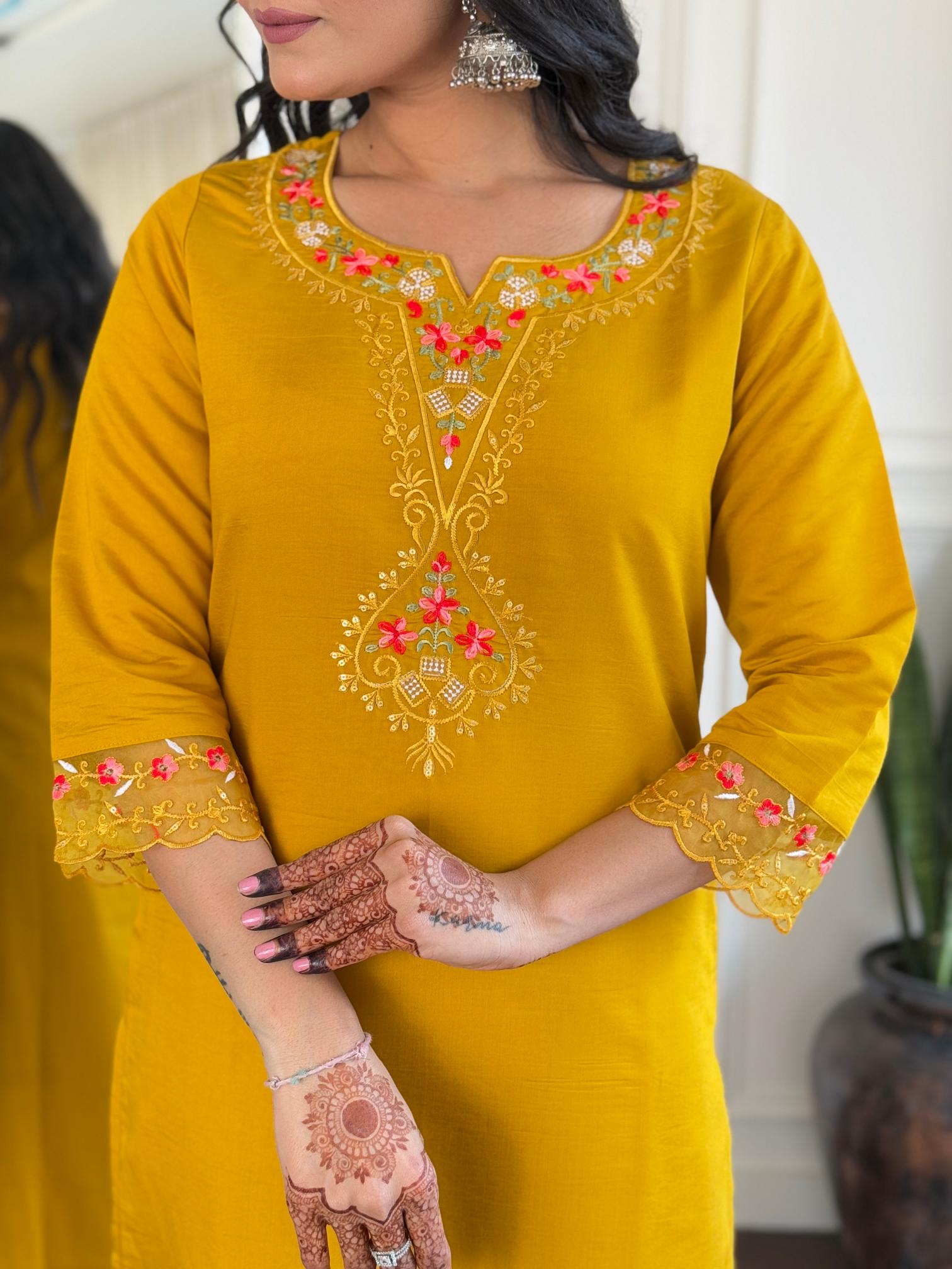 The52 Women's Roman Silk Embroidered Straight Kurta, Pant and Dupatta Set
