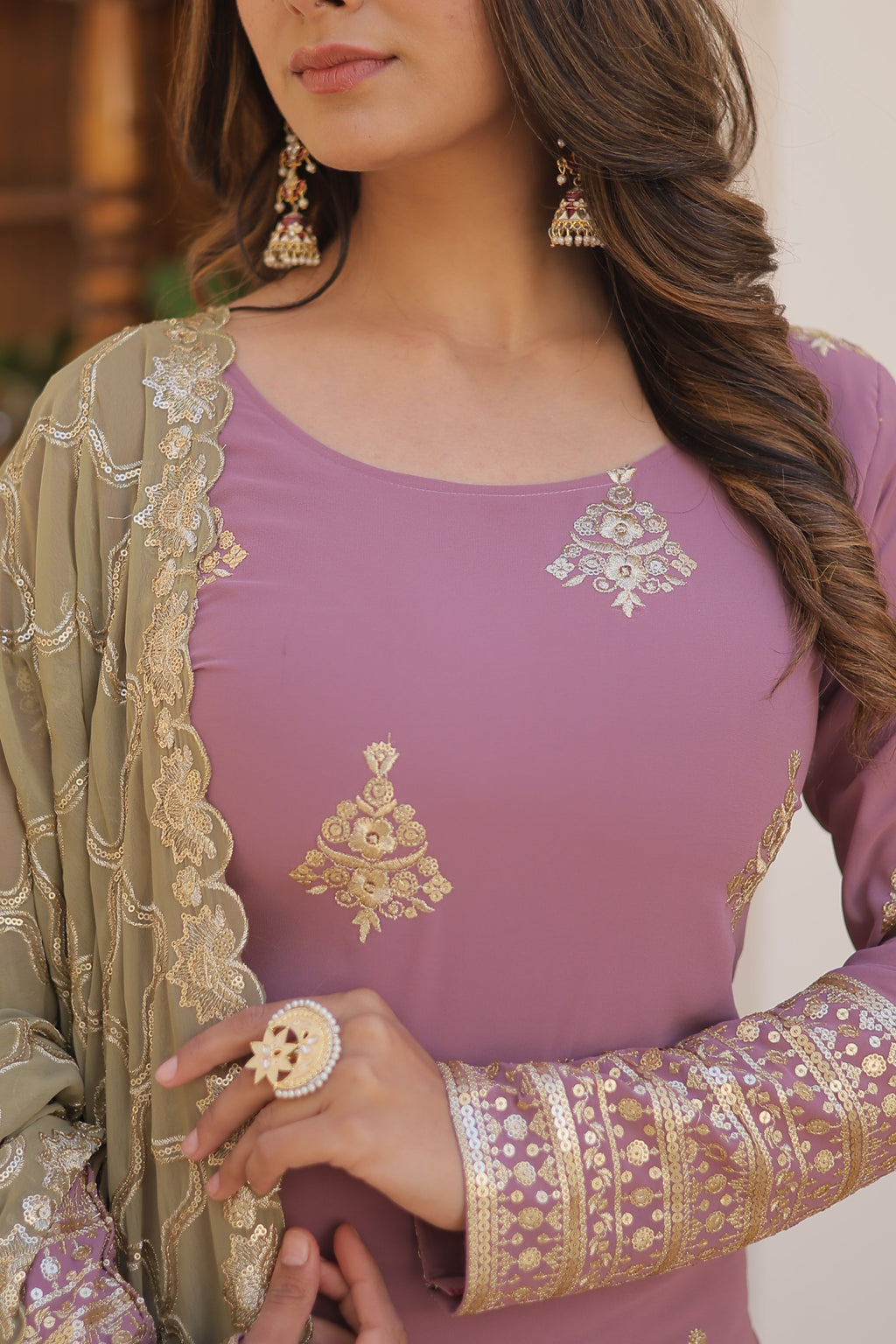 Teeya Creation Onion Color Faux Georgette Heavy Embroidery Work Fully Stitched Plazo pair
