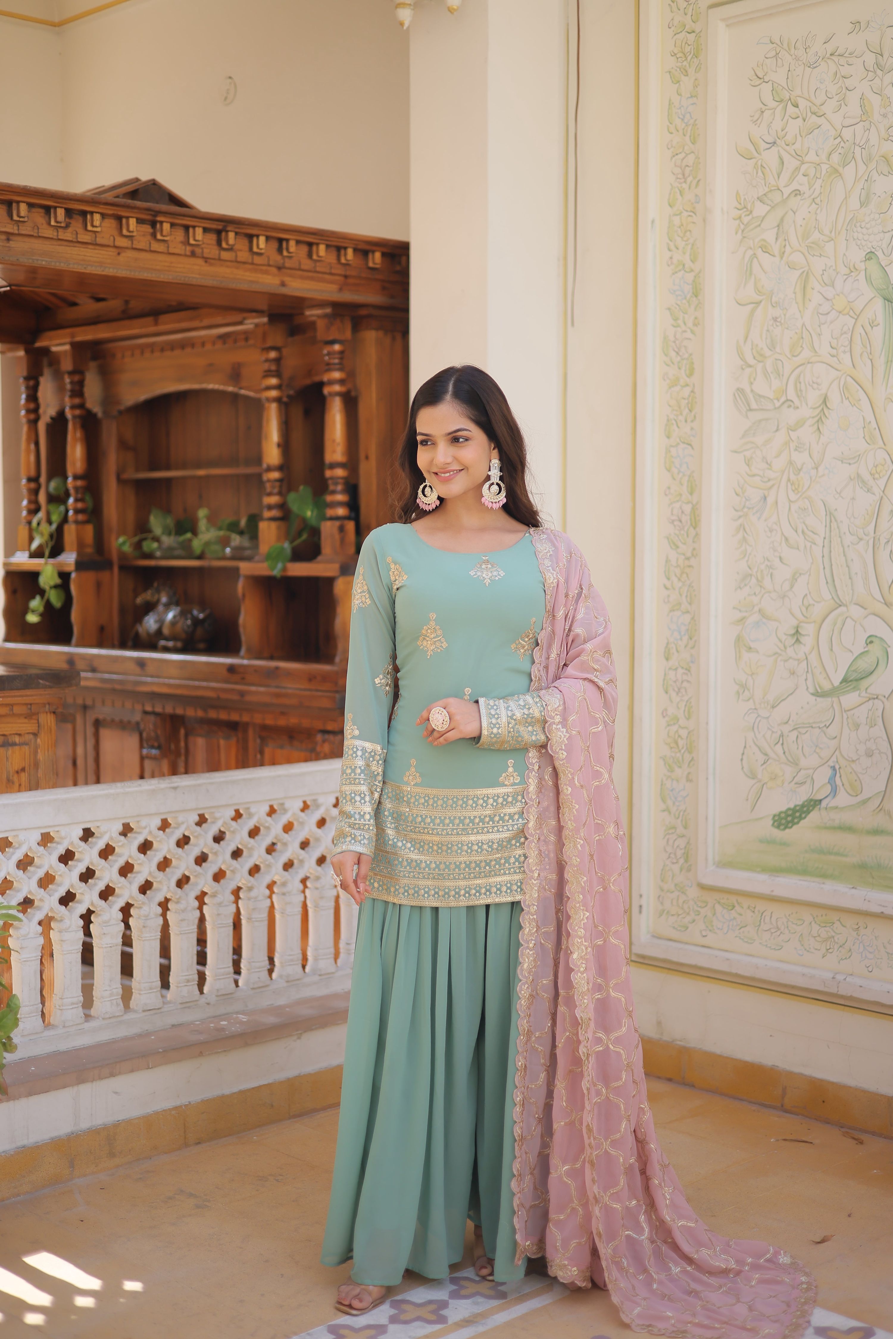 Teeya Creation Turquoise Color Faux Georgette Heavy Embroidery Work Fully Stitched Plazo pair