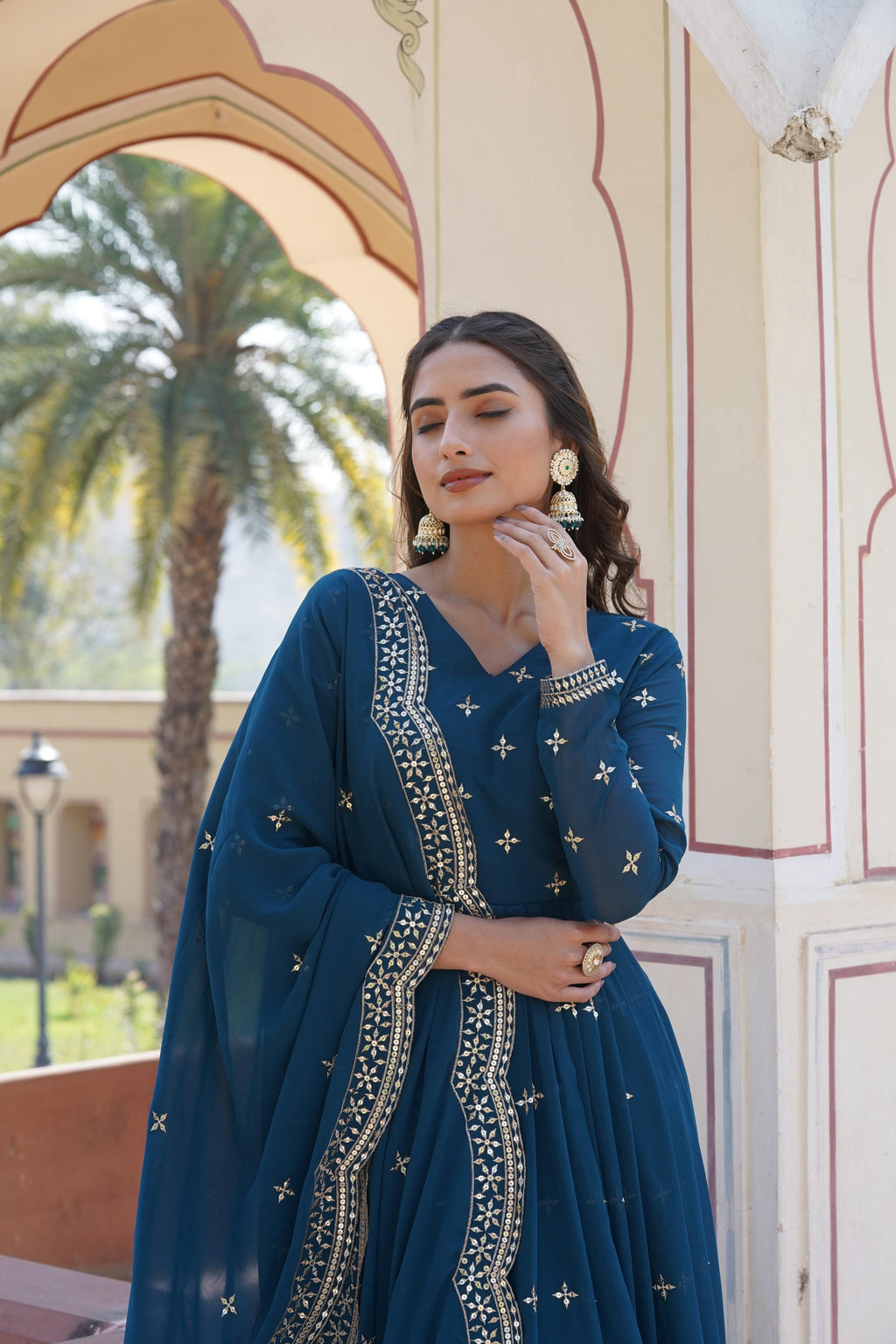 Teeya Creation Teal Color Faux Georgette Party Wear Heavy Embroidery Work Fully Stitched Gown