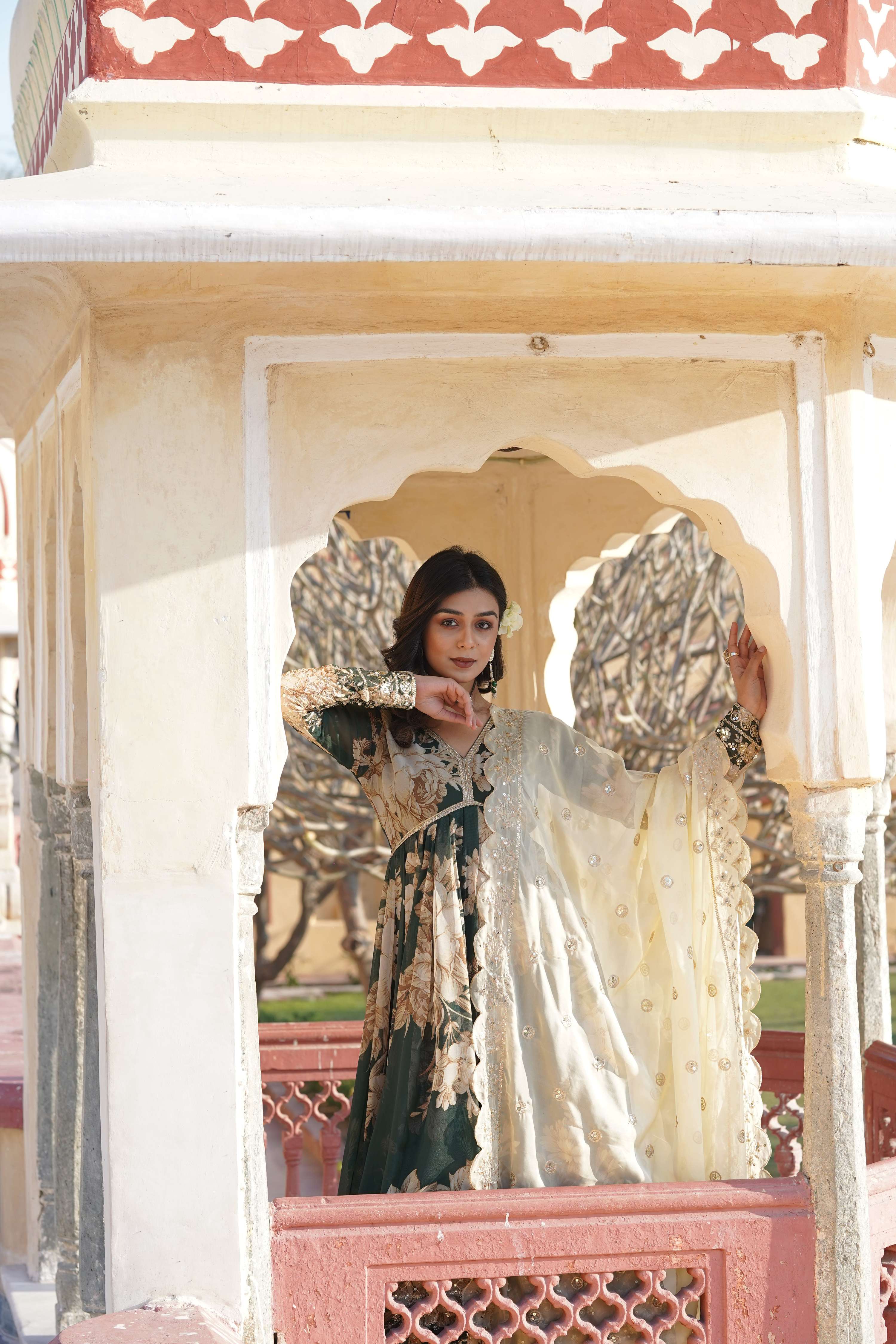 Teeya Creation Green Color Russian Silk Digital Print With Embroidery Work Fully Stitched Gown
