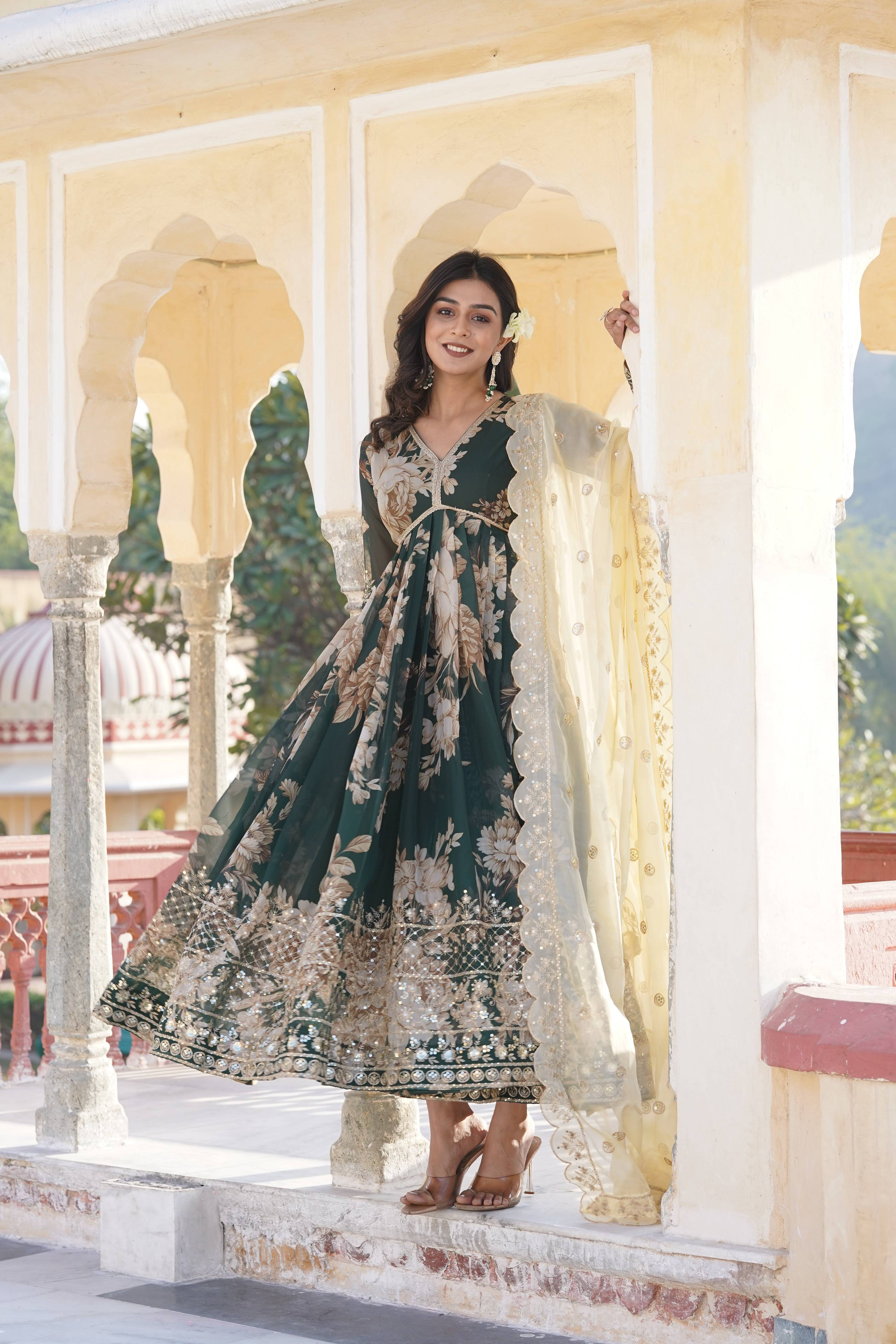 Teeya Creation Green Color Russian Silk Digital Print With Embroidery Work Fully Stitched Gown
