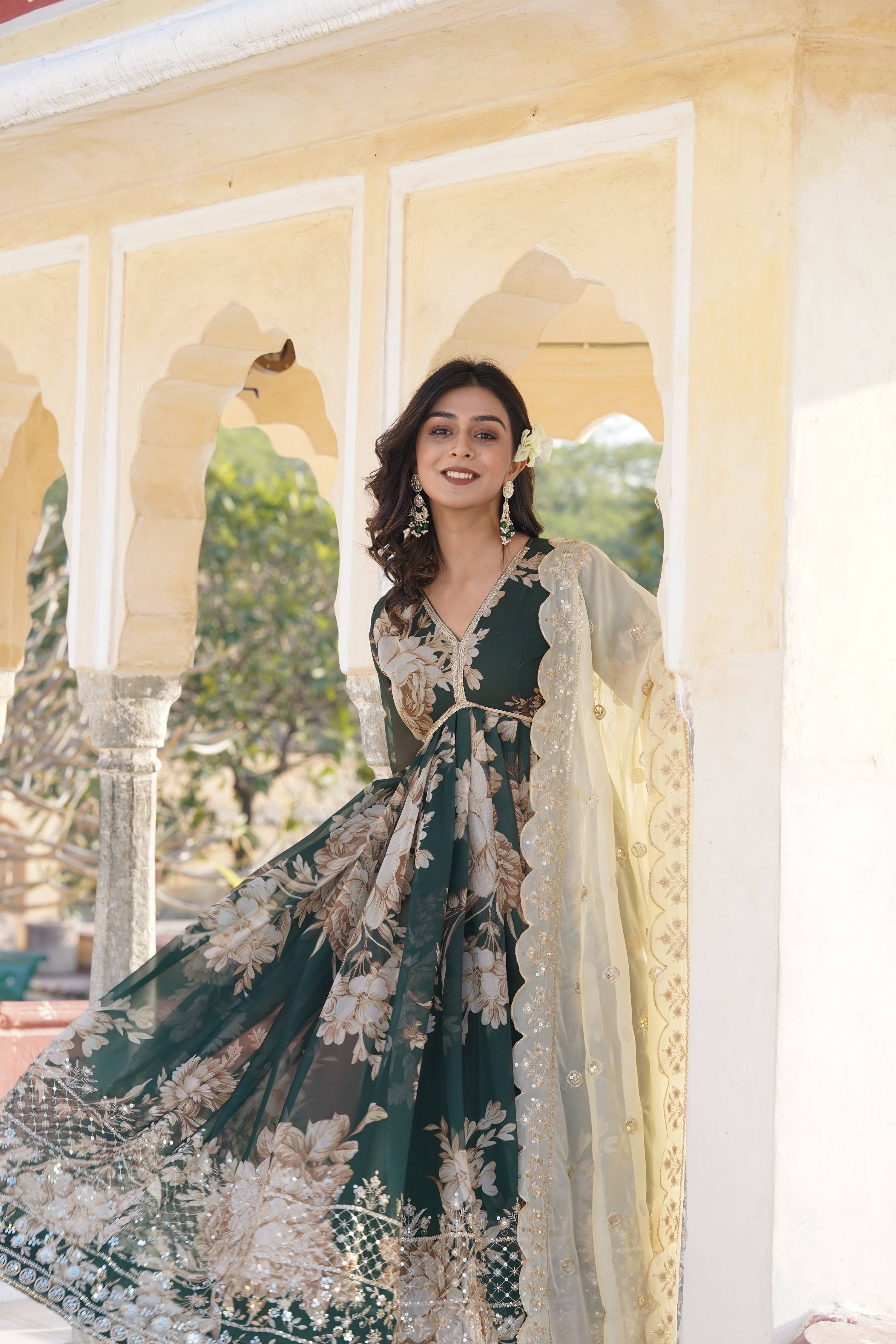 Teeya Creation Green Color Russian Silk Digital Print With Embroidery Work Fully Stitched Gown