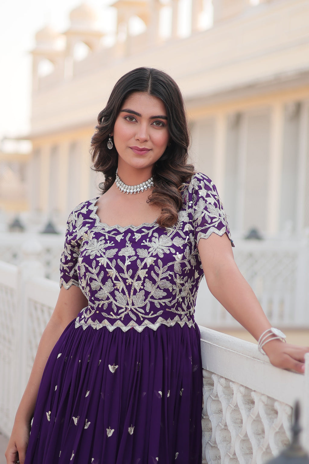 Teeya Creation Purple Color Faux Georgette Embroidery Sequence Work Fully Stitched Gown